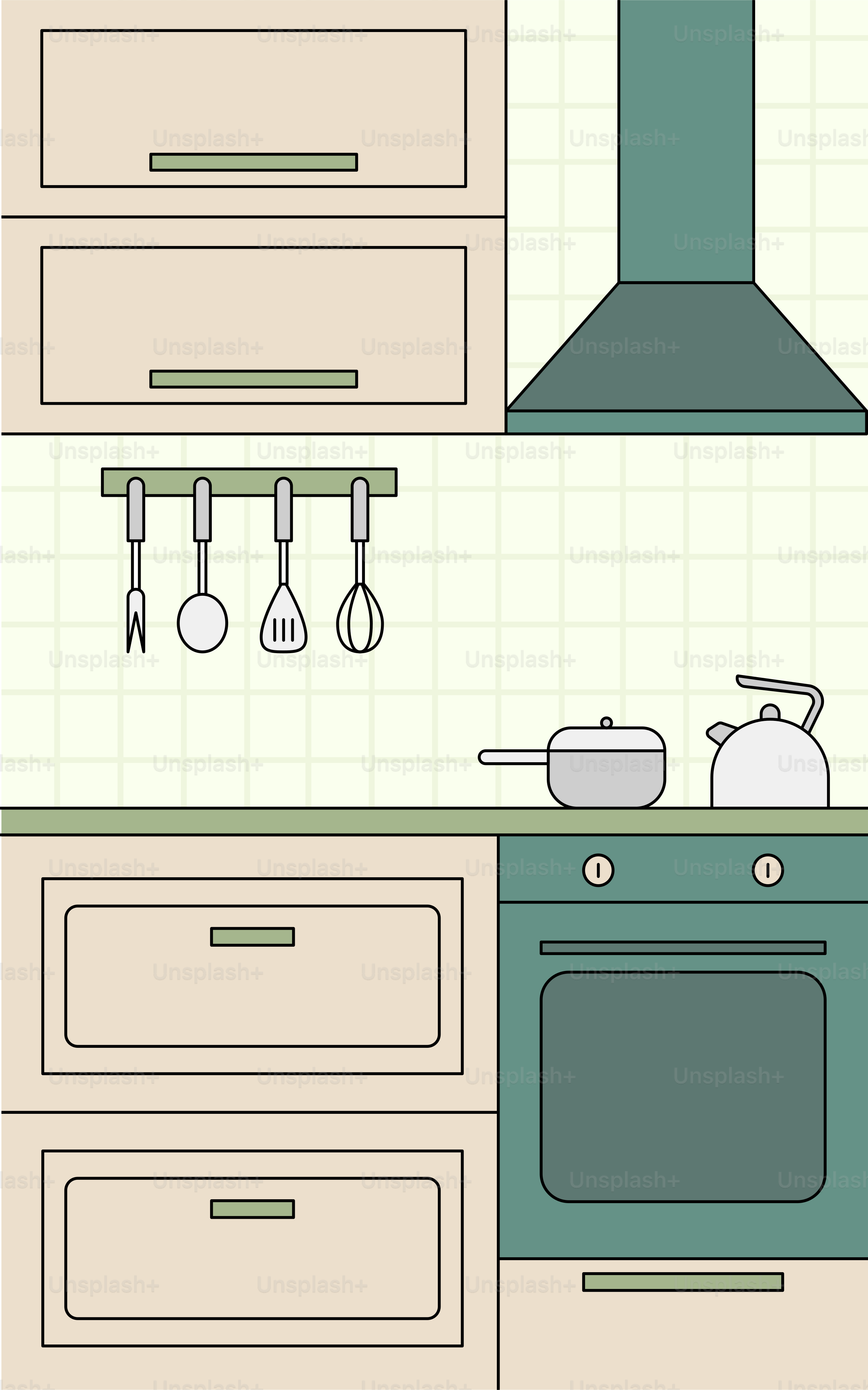 A drawing of a kitchen with a stove and a sink