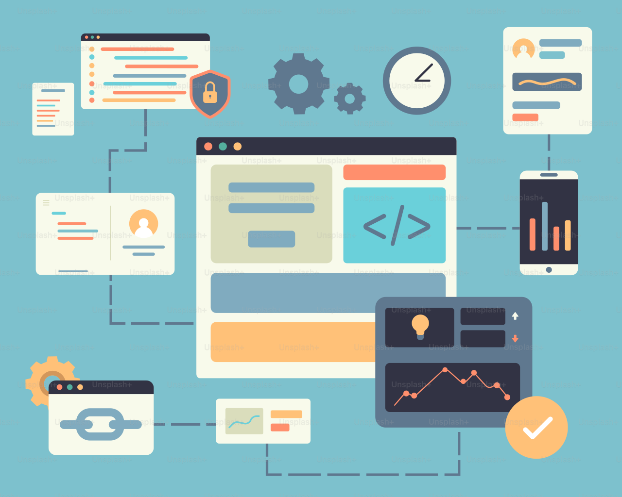 A computer screen with a bunch of icons surrounding it