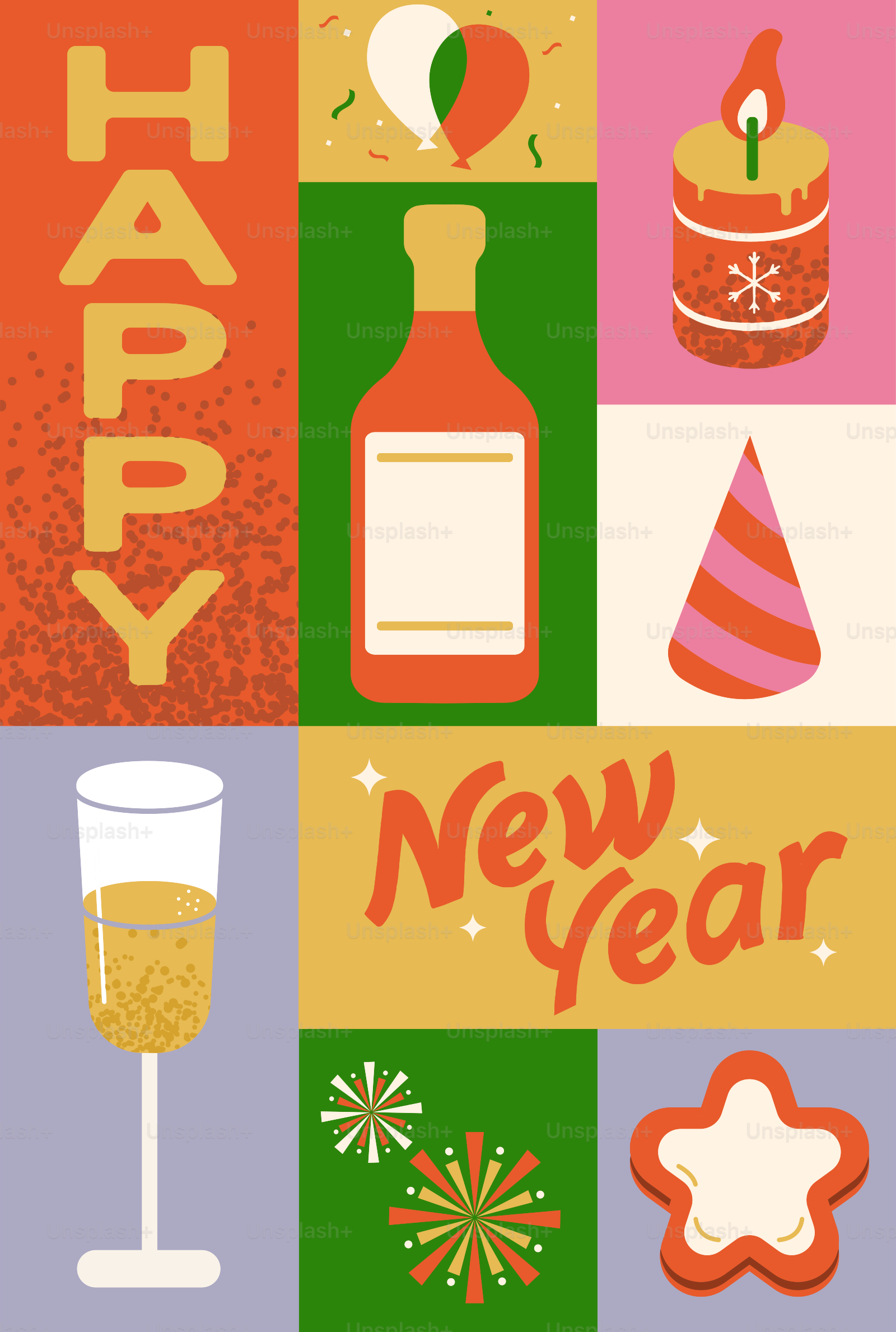 A happy new year card with a bottle of wine