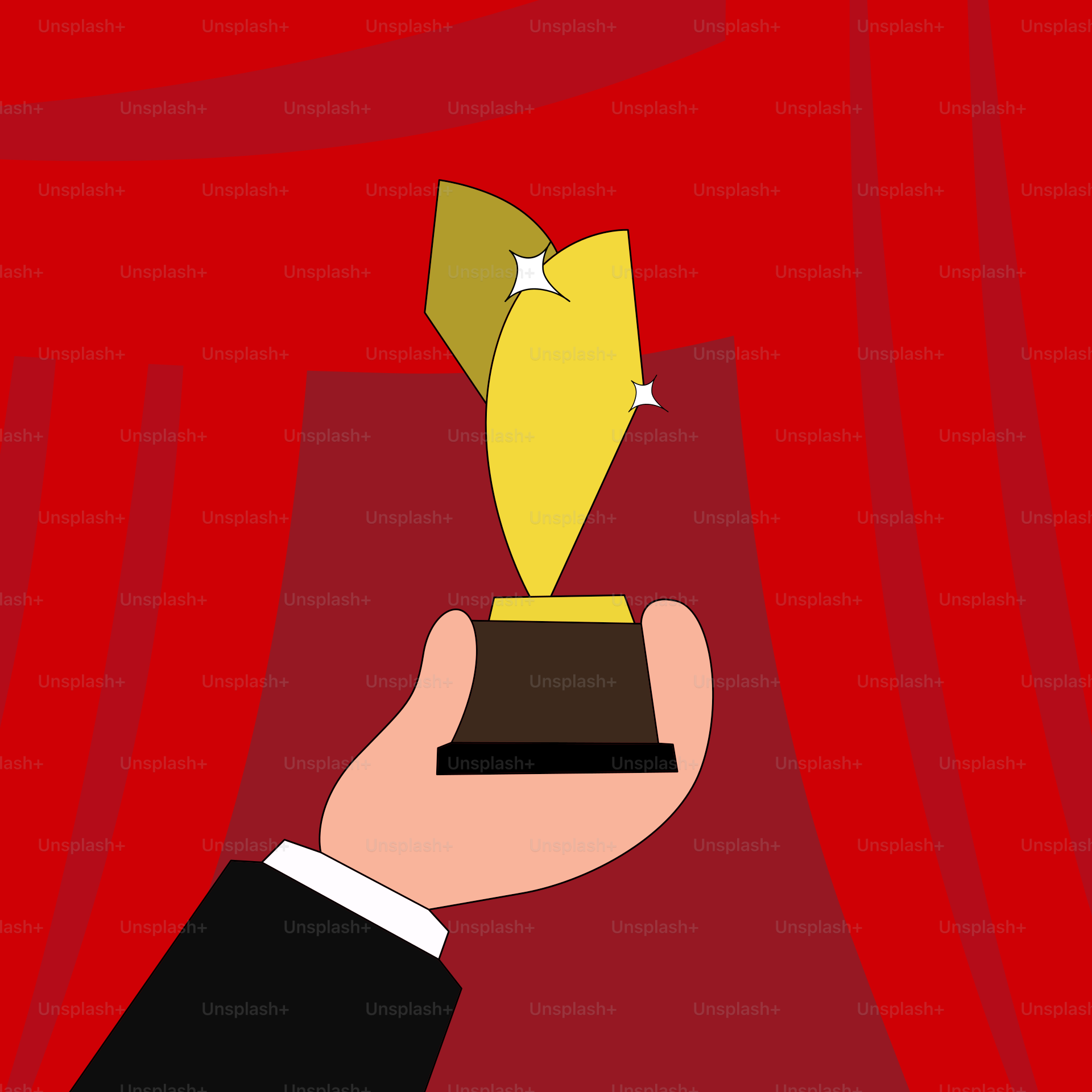 A hand holding a trophy in front of a red curtain