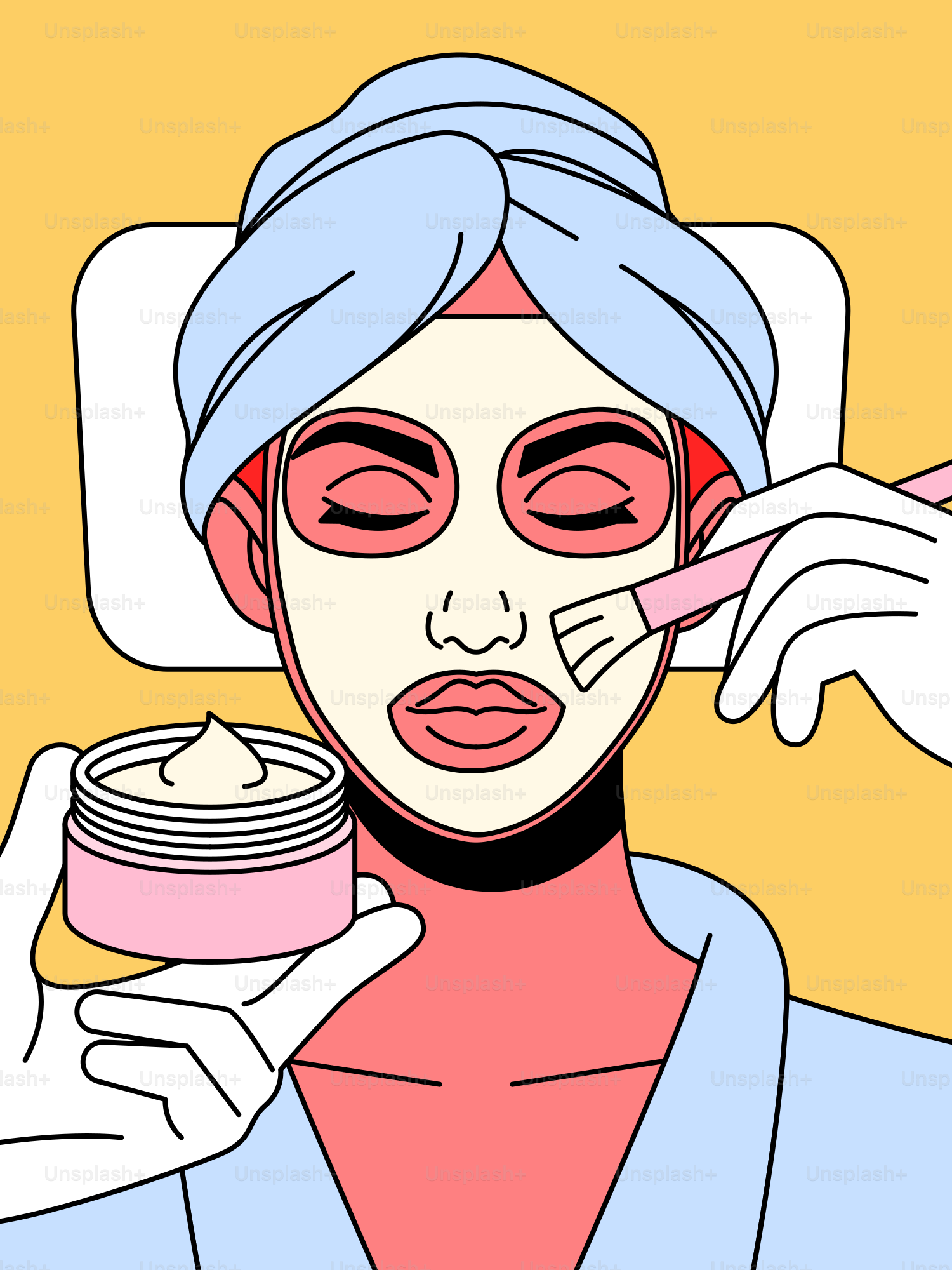 A woman with a towel on her head and a jar of cream in her hand