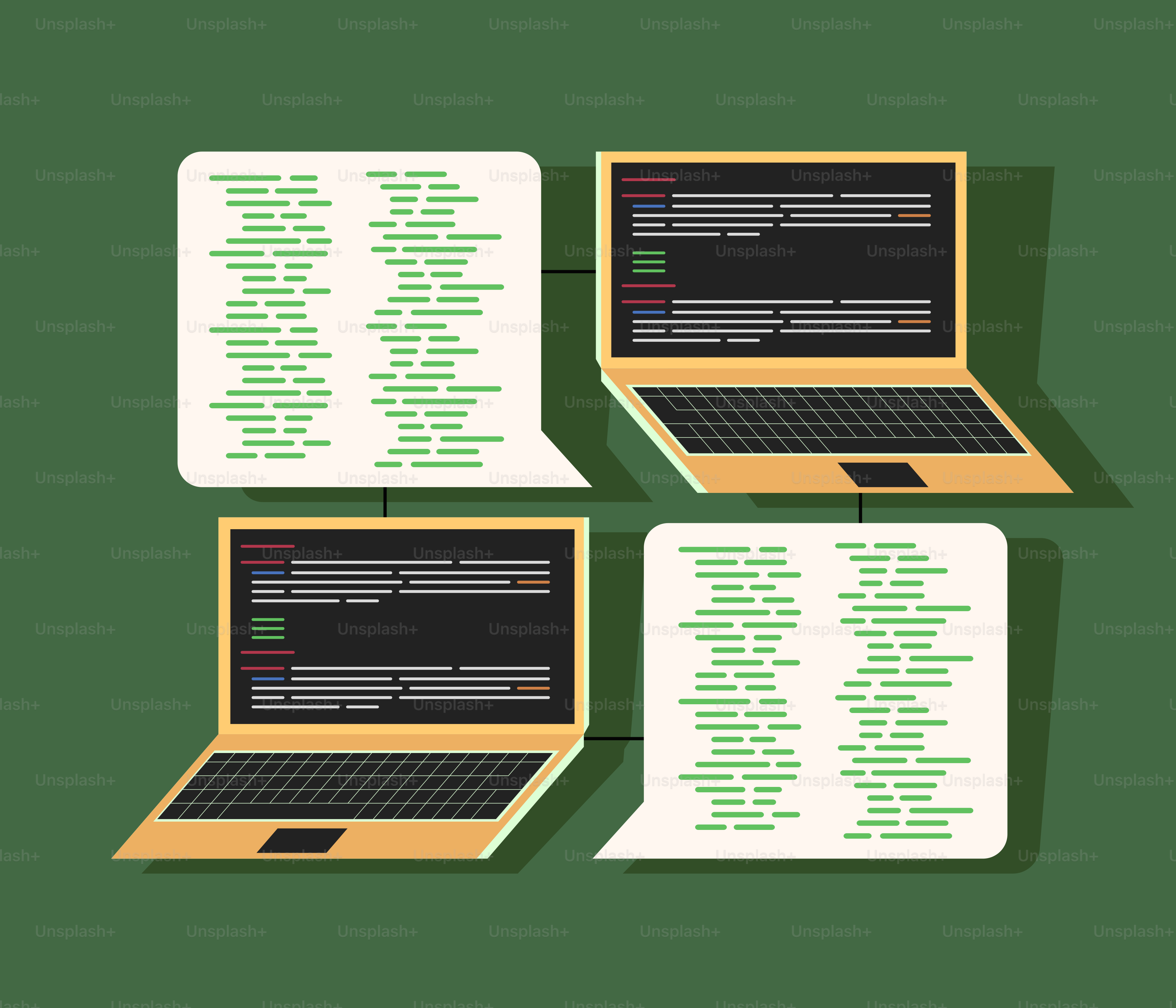 Three laptops sitting next to each other on a green surface