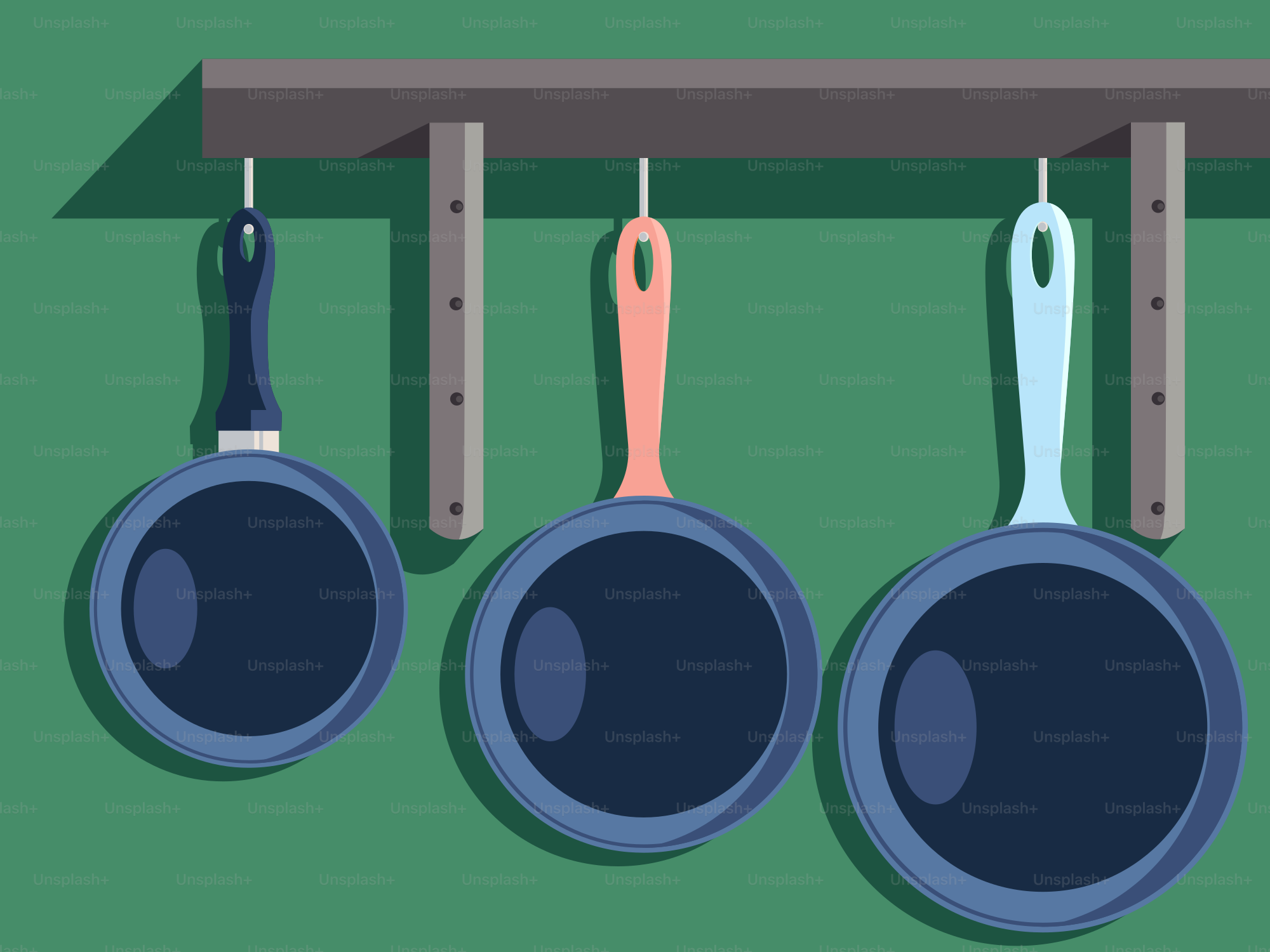 A row of pans hanging on a rack