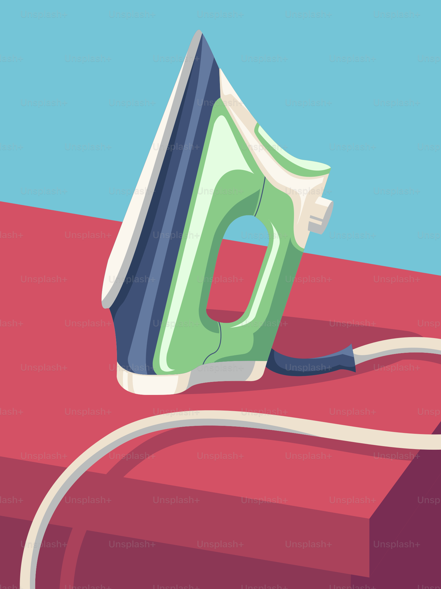 A green and blue electric iron on a red surface