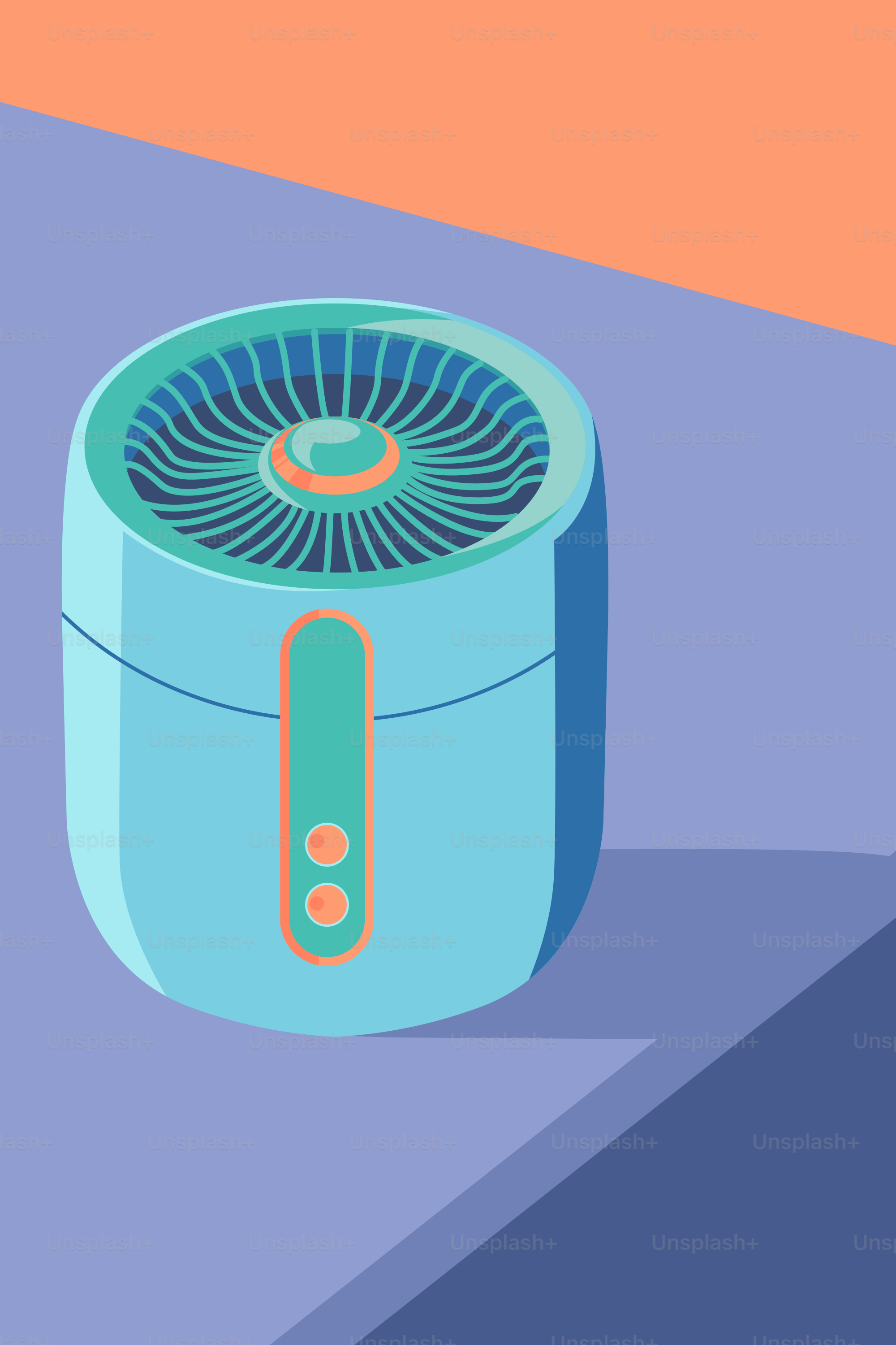 A blue air conditioner sitting on top of a table