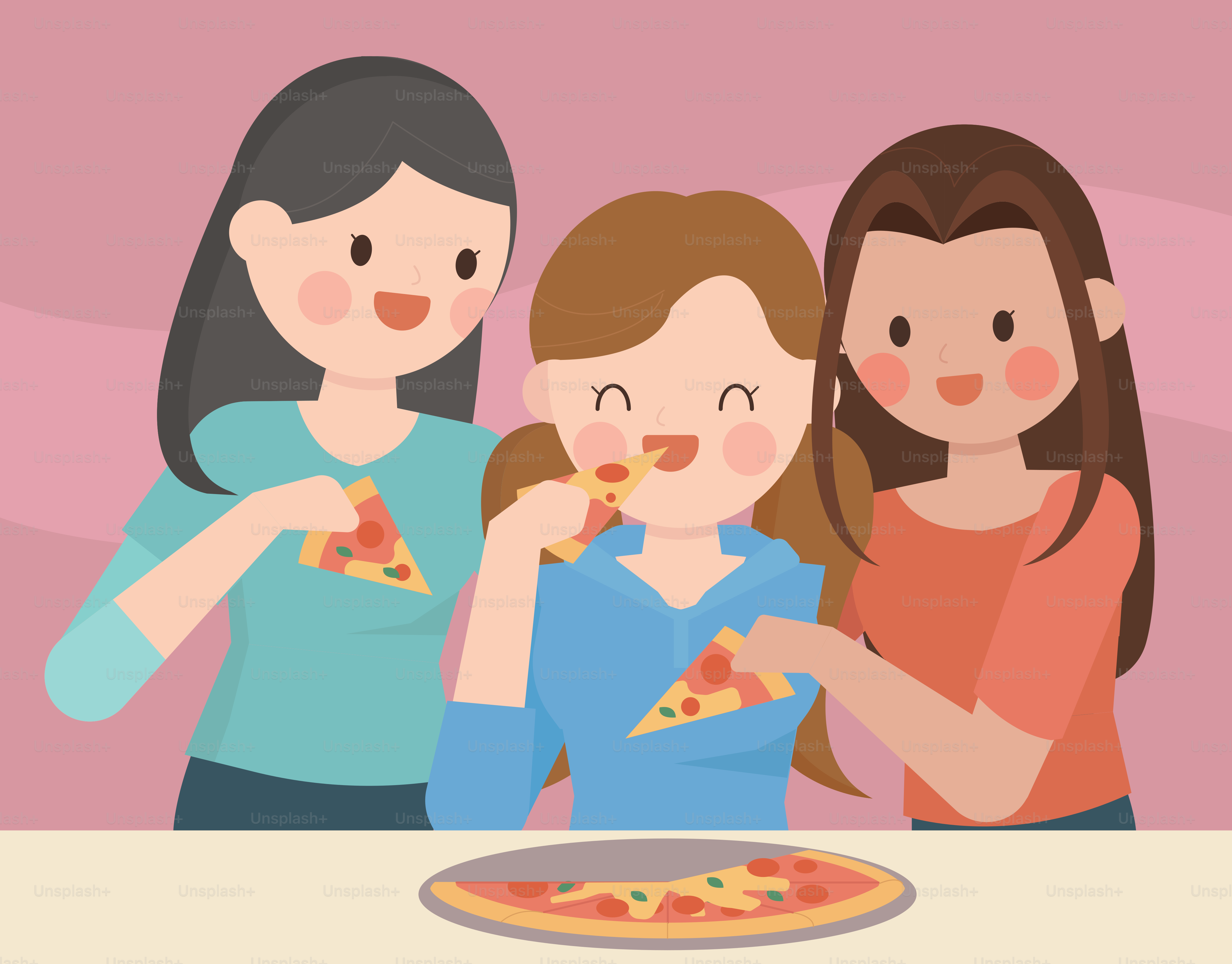 A group of women standing around a table eating pizza