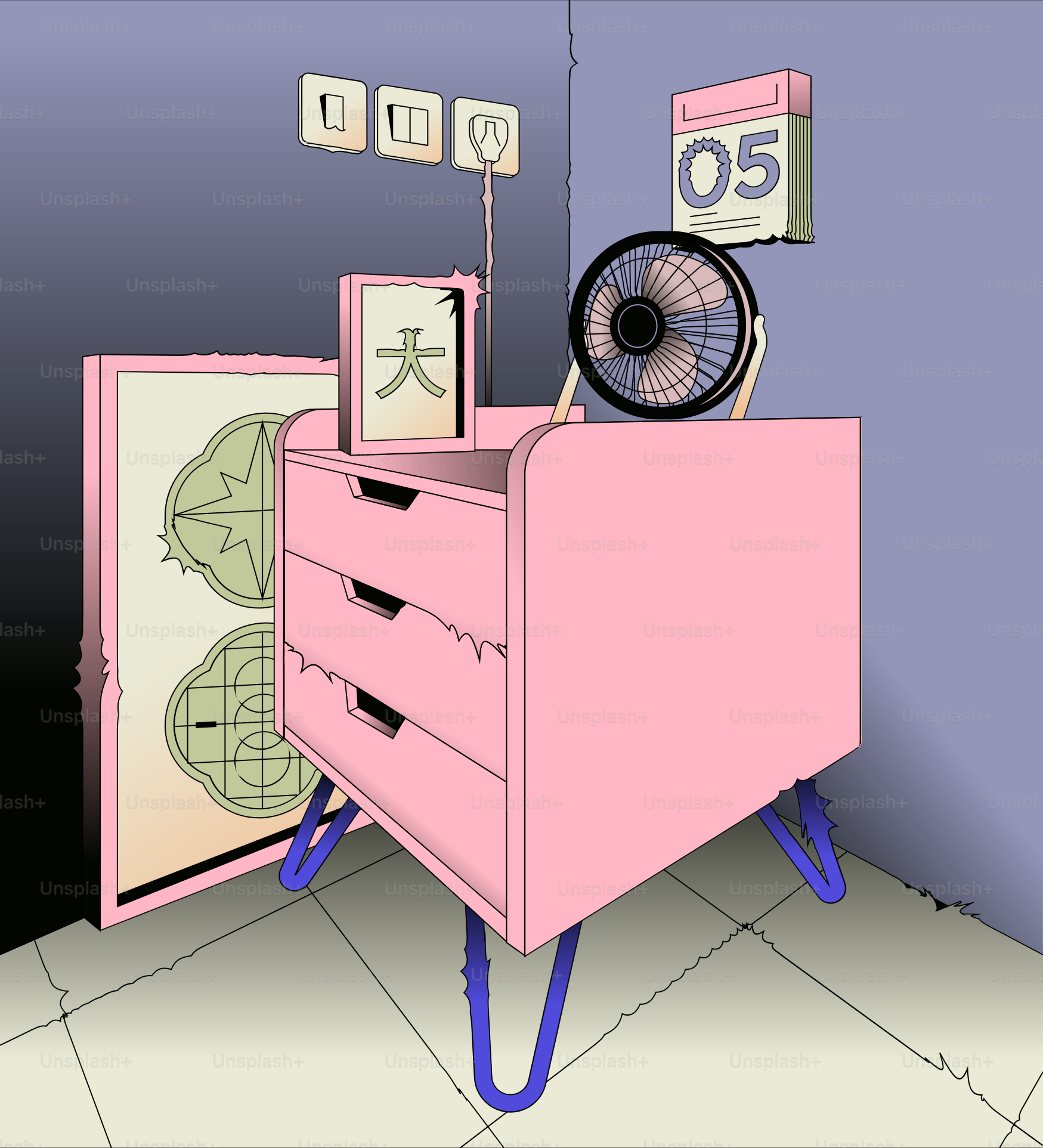 A pink dresser with a fan on top of it