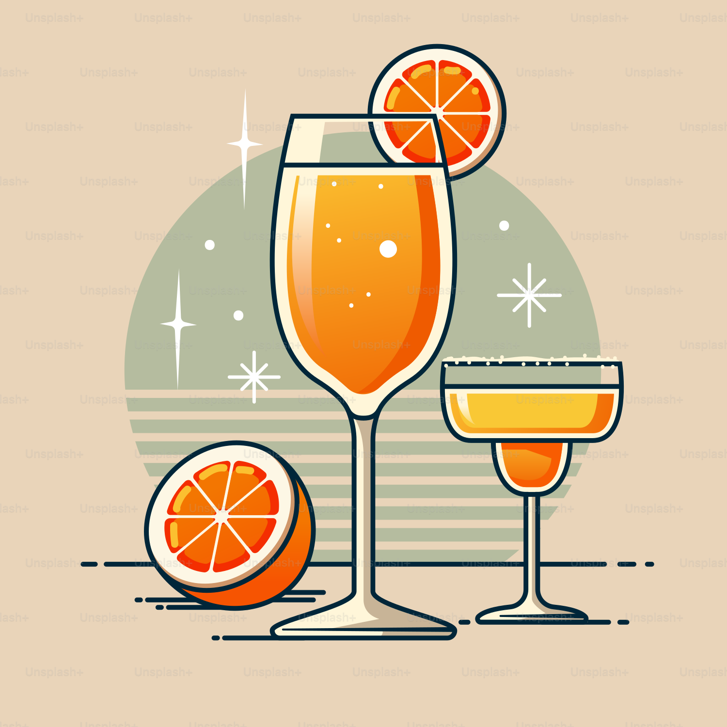 A couple of glasses filled with orange juice