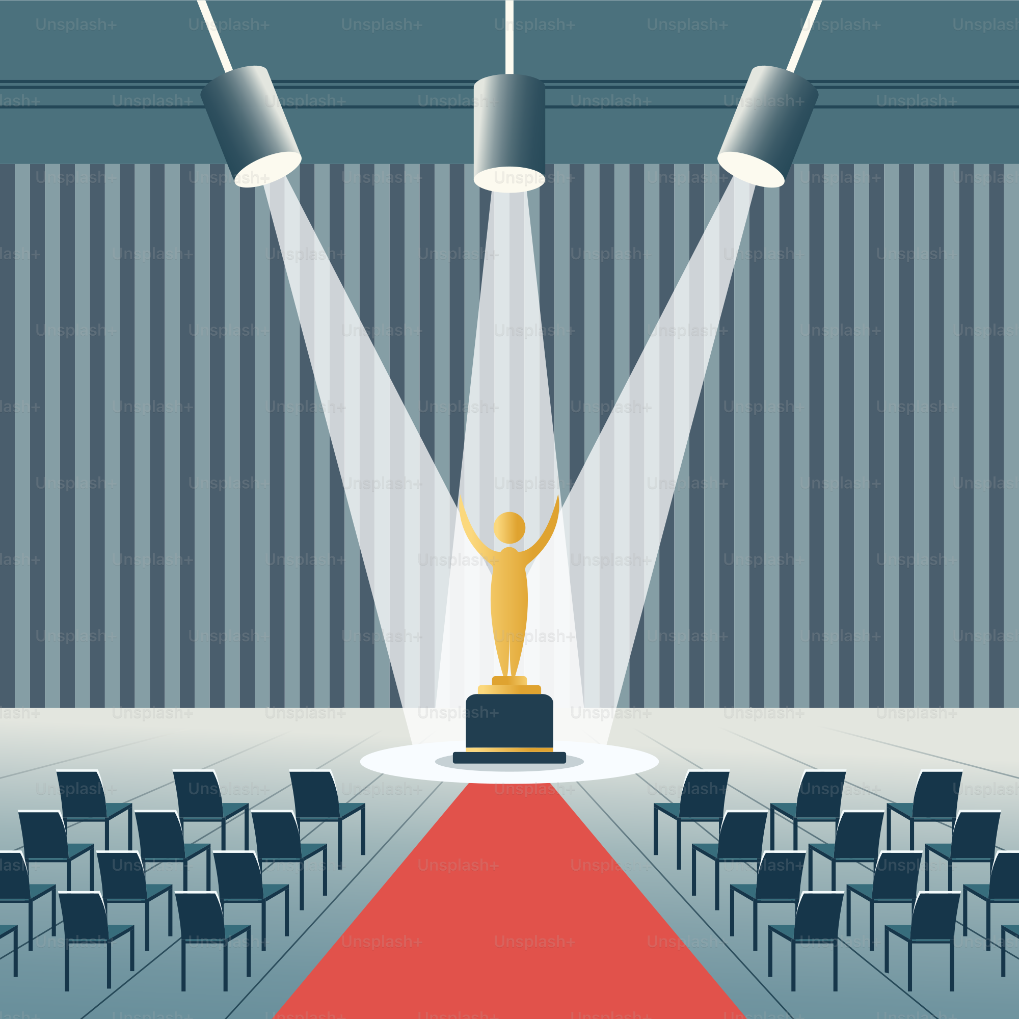 A stage with a red carpet and chairs