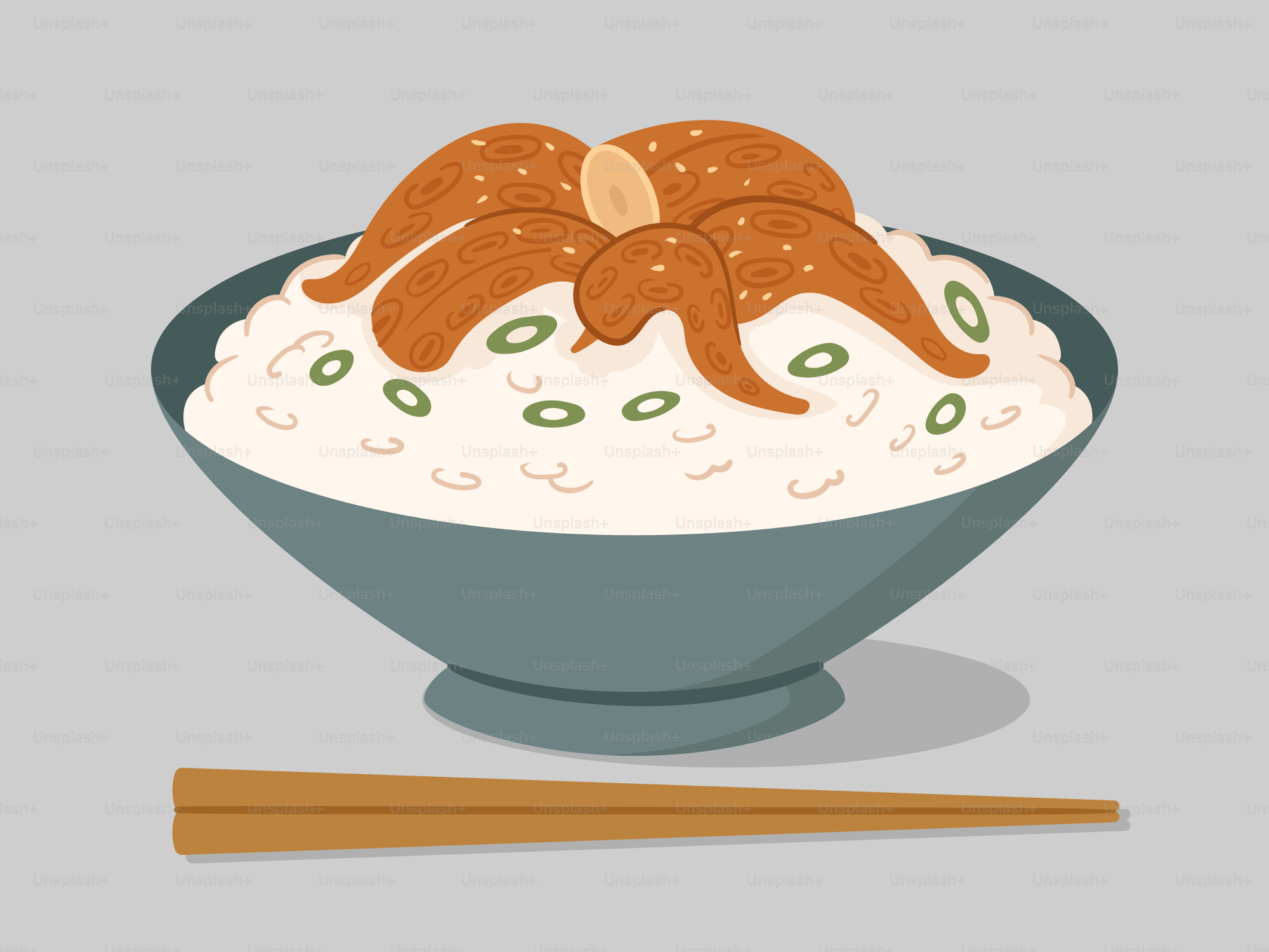 A bowl of rice and chopsticks on a gray background