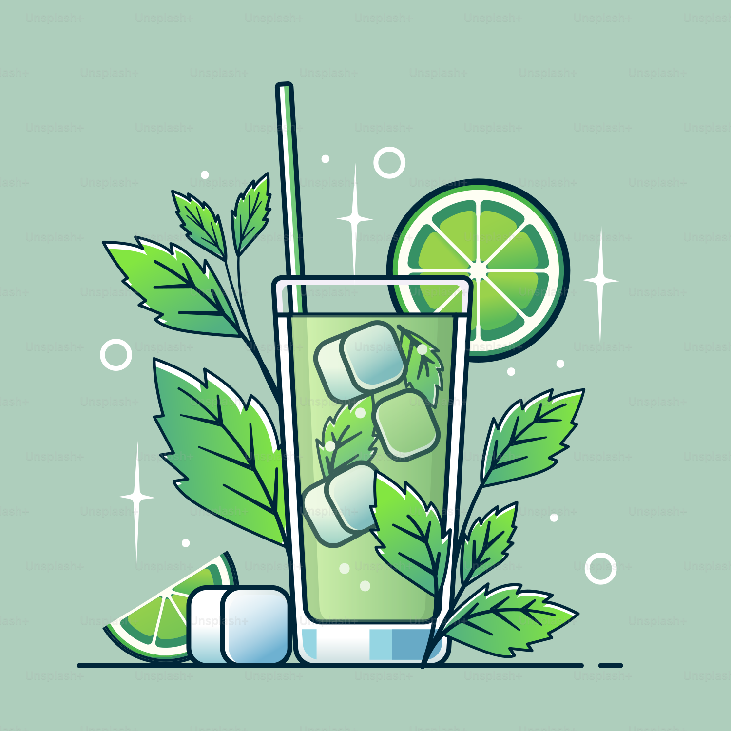 A green drink with ice and a slice of lime