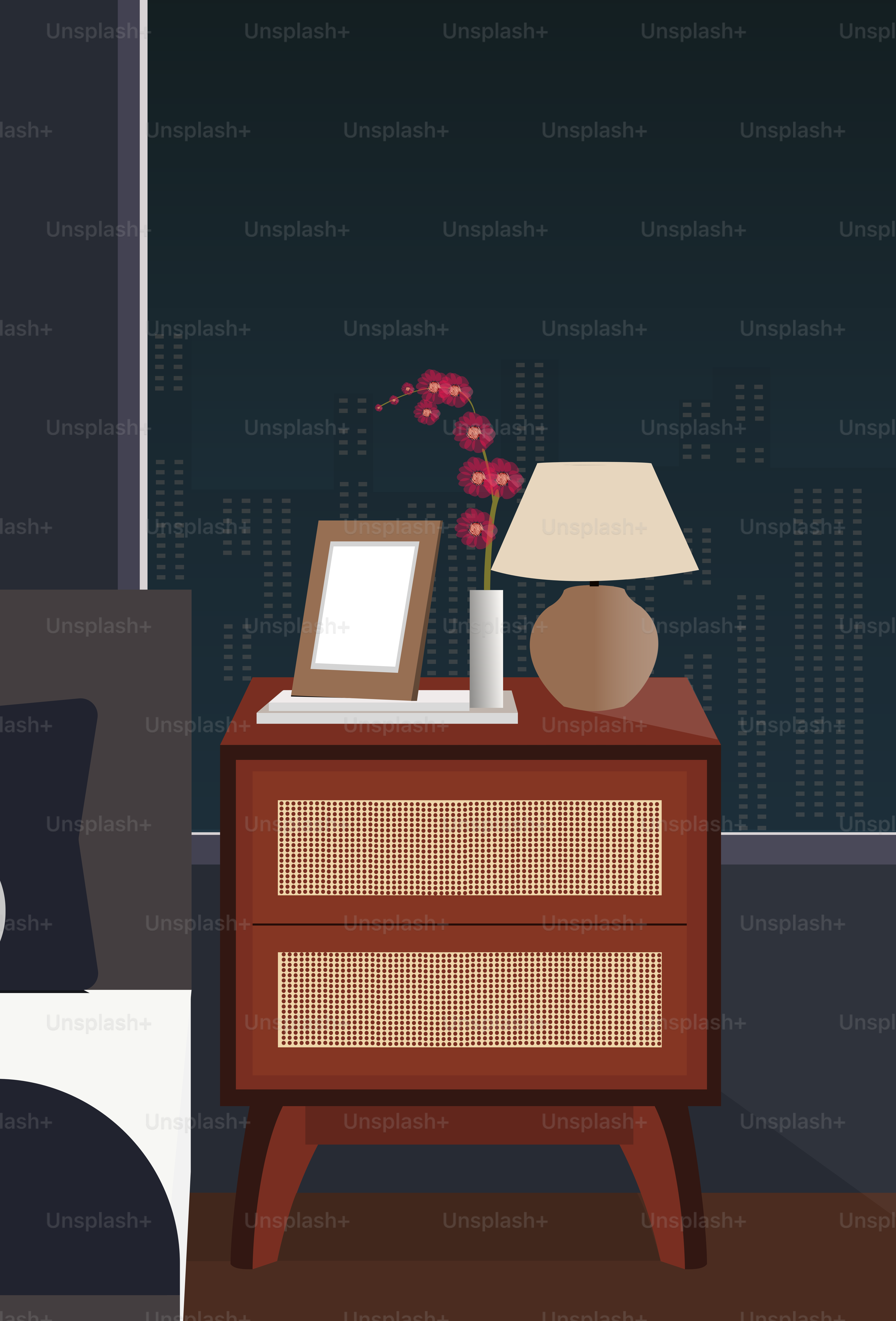 Ein Schlafzimmer mit Nachttisch und Bett