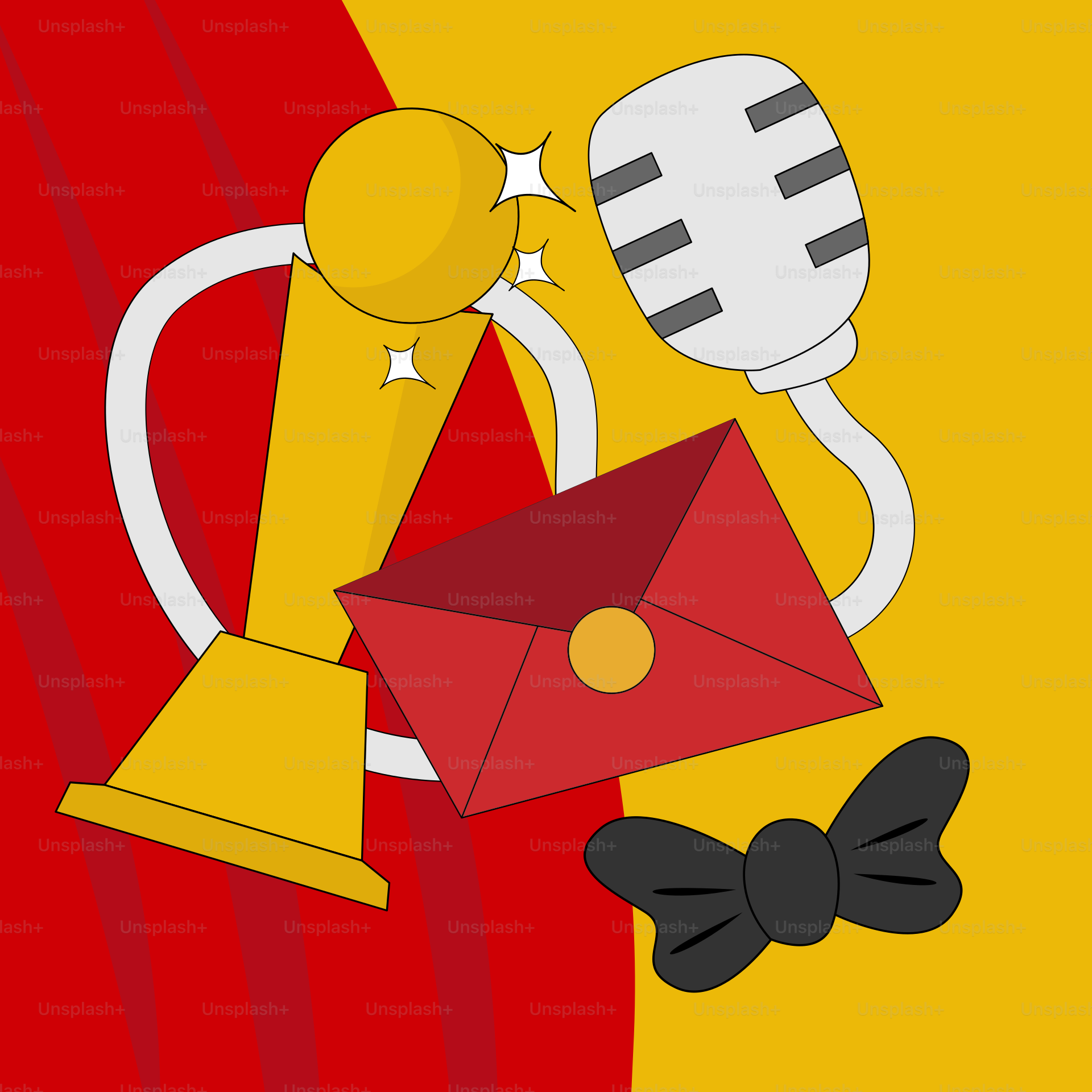 Ein gelb-rotes Poster mit einem Mikrofon und einem roten Umschlag