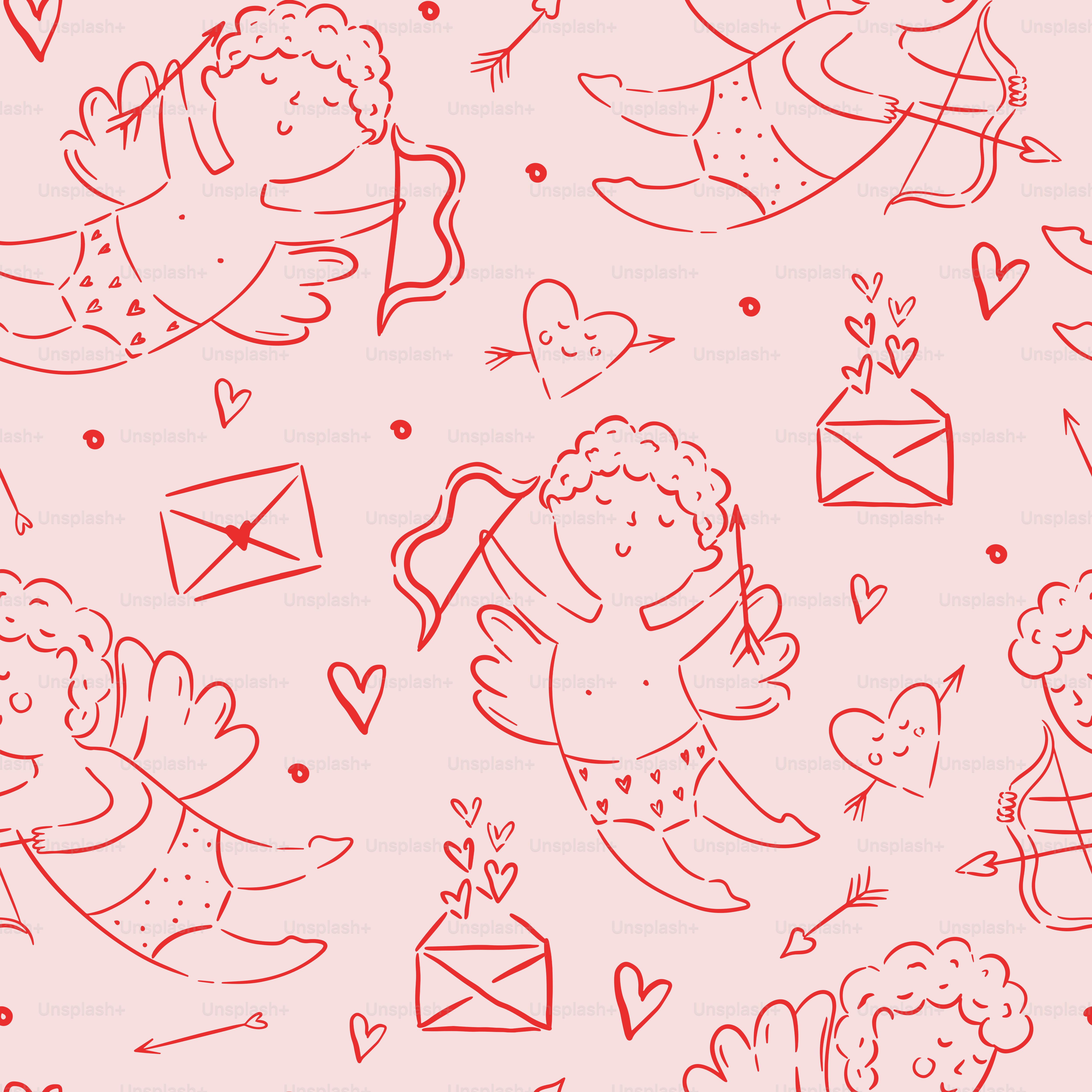 A pink background with angels and hearts