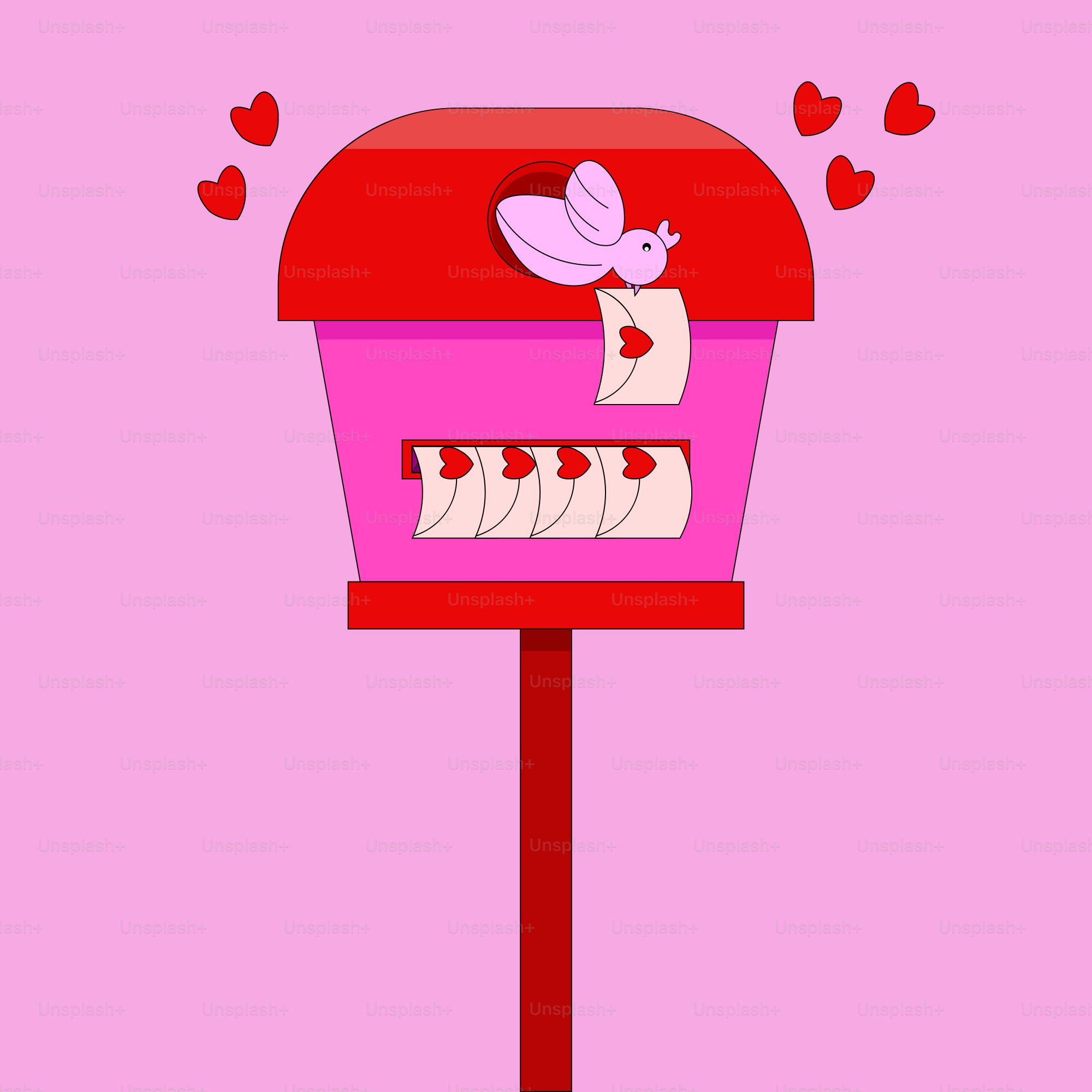 A pink bird box with hearts flying out of it