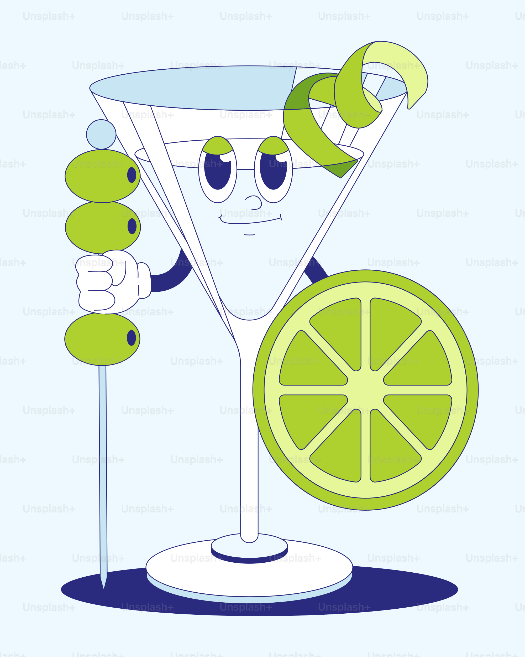 Un personaje de dibujos animados sosteniendo una lima y una copa de martini