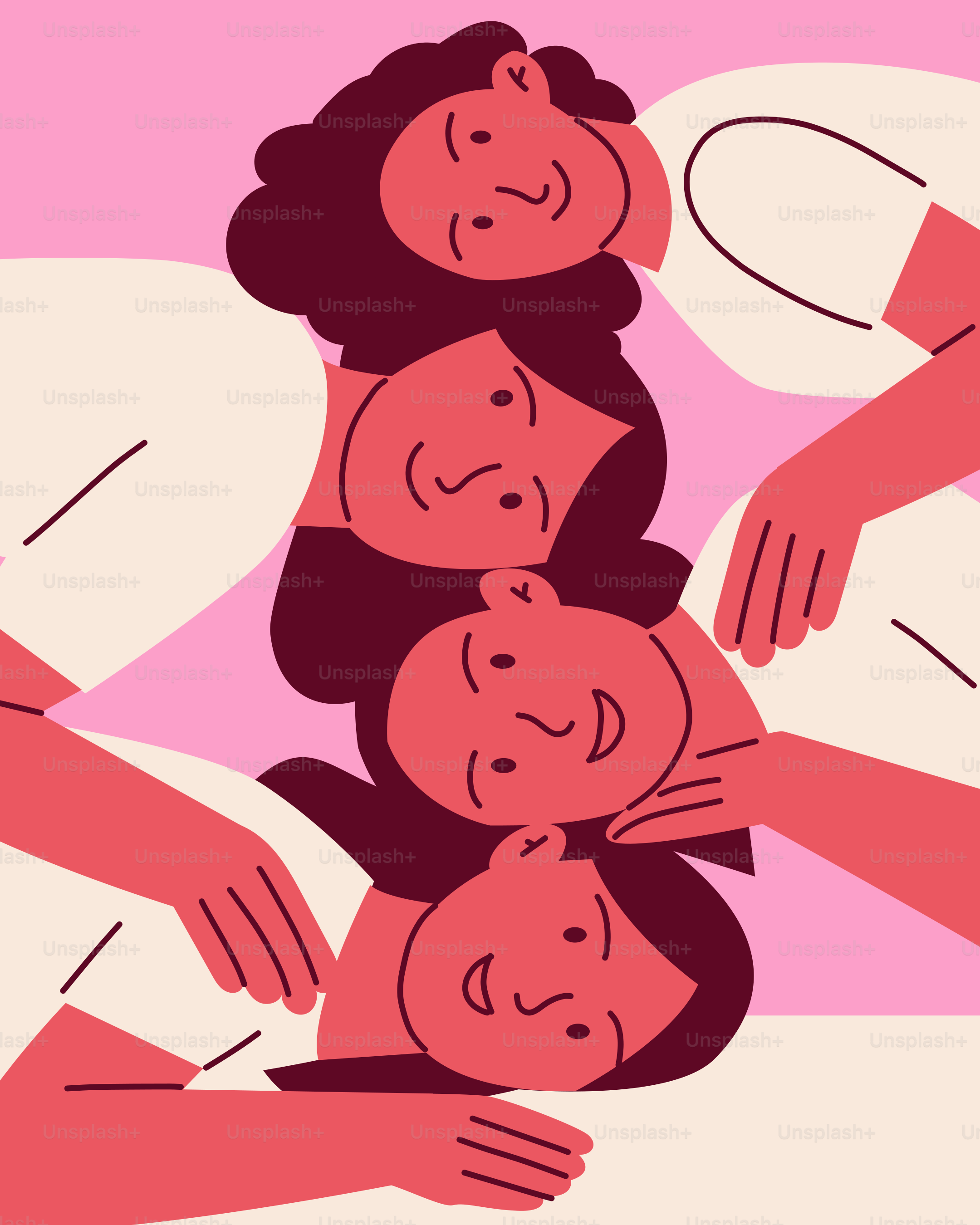 Un gruppo di persone che si abbracciano su uno sfondo rosa