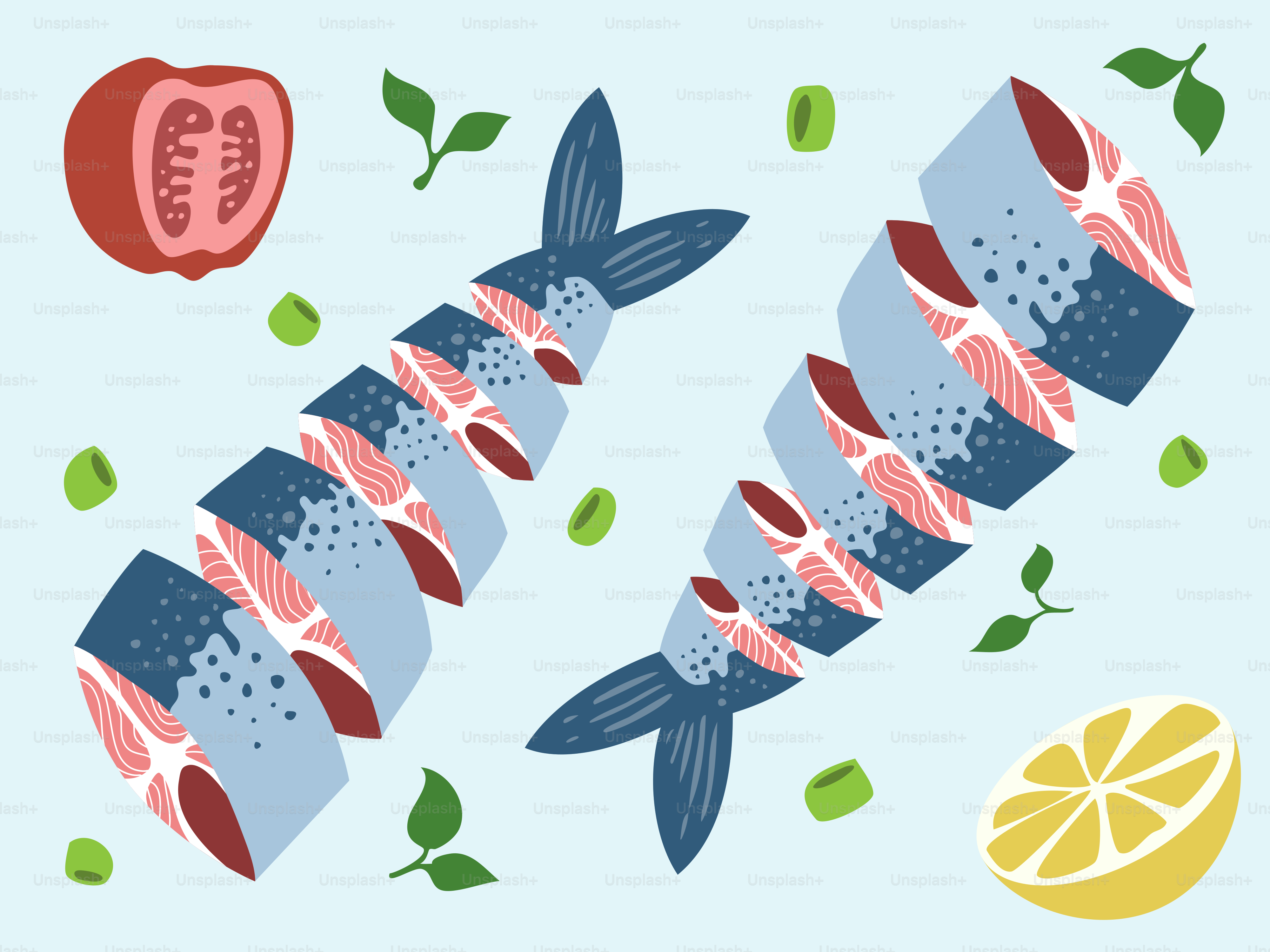 A picture of a fish and a lemon on a blue background