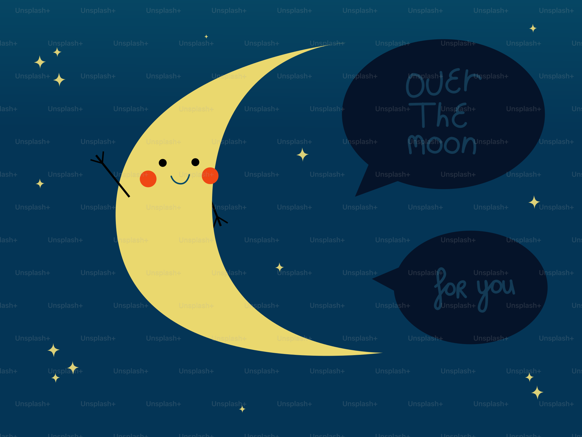 A cartoon moon with two speech bubbles saying outer the moon for you