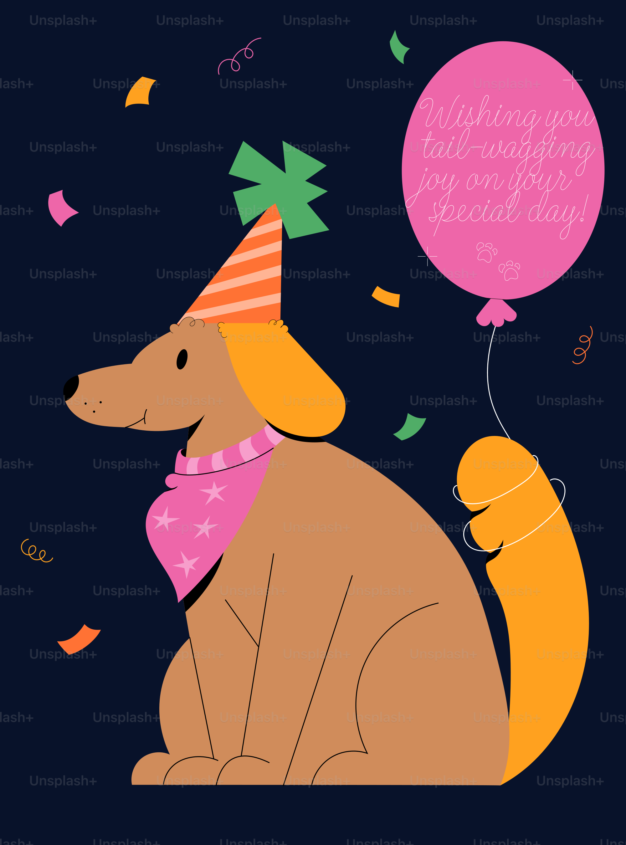 A dog wearing a party hat and holding a balloon