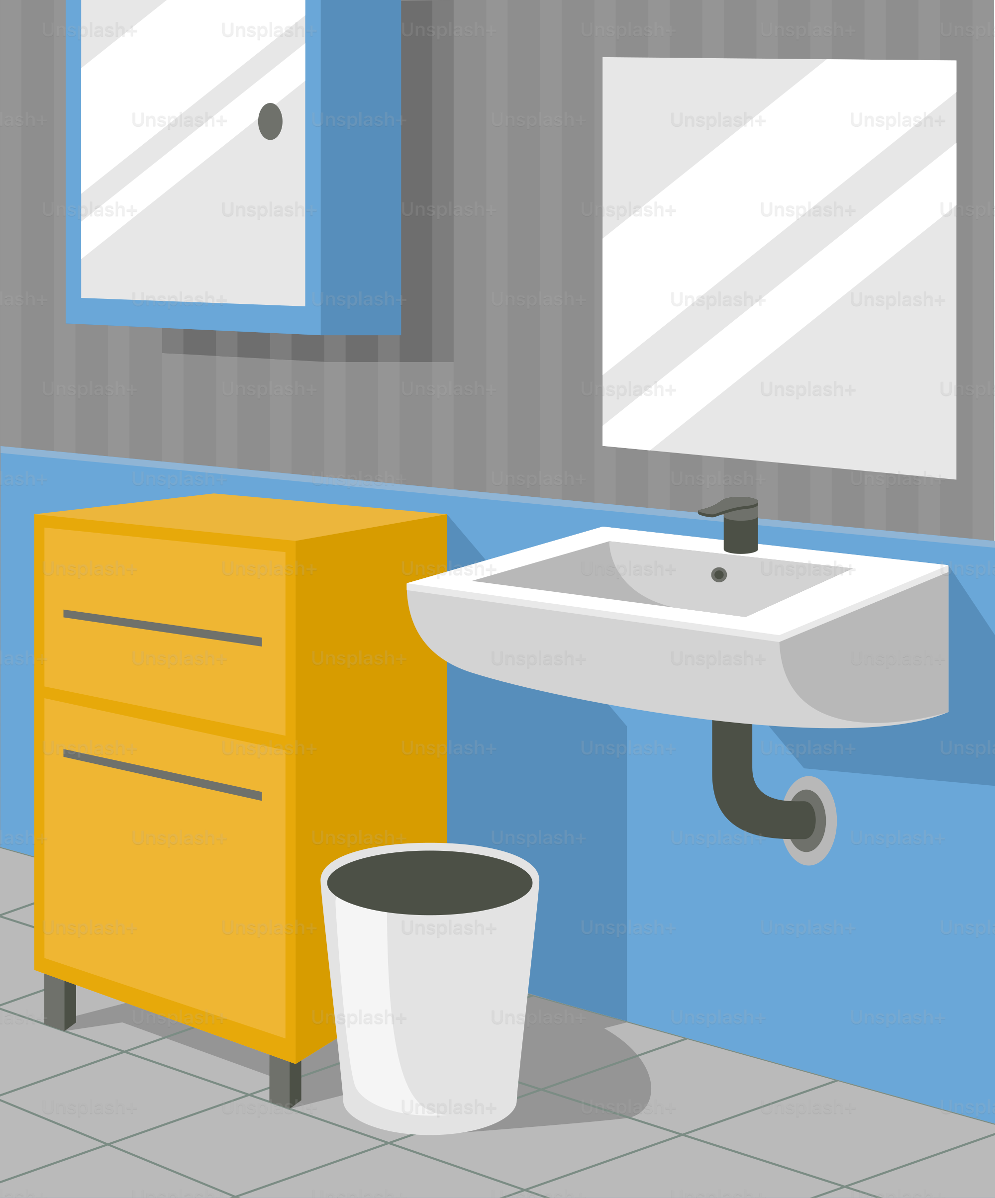 Um banheiro com pia, espelho e lixeira