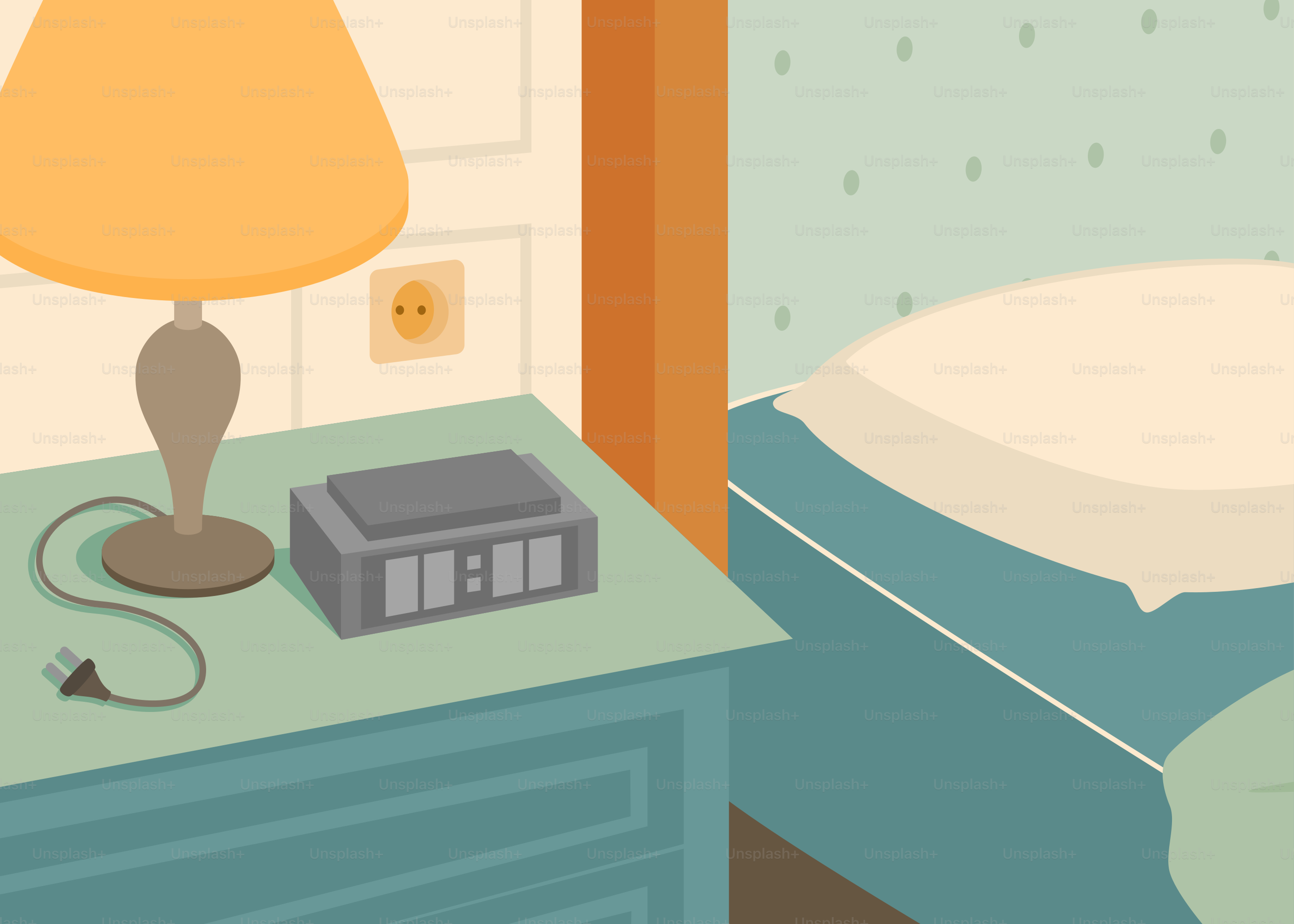 A nightstand with a lamp on top of it next to a bed