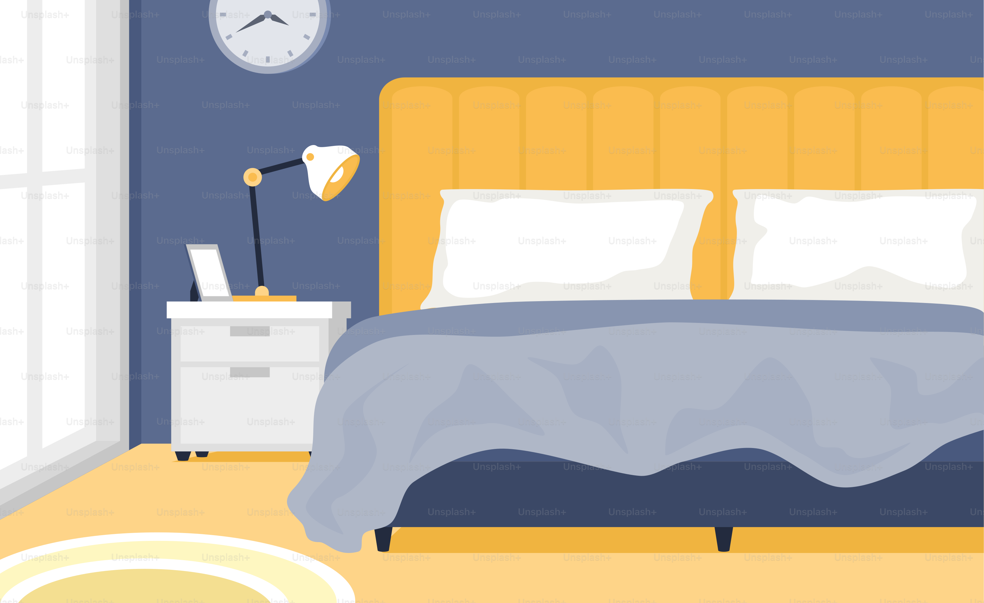 Ein Schlafzimmer mit Bett, Nachttisch und Uhr