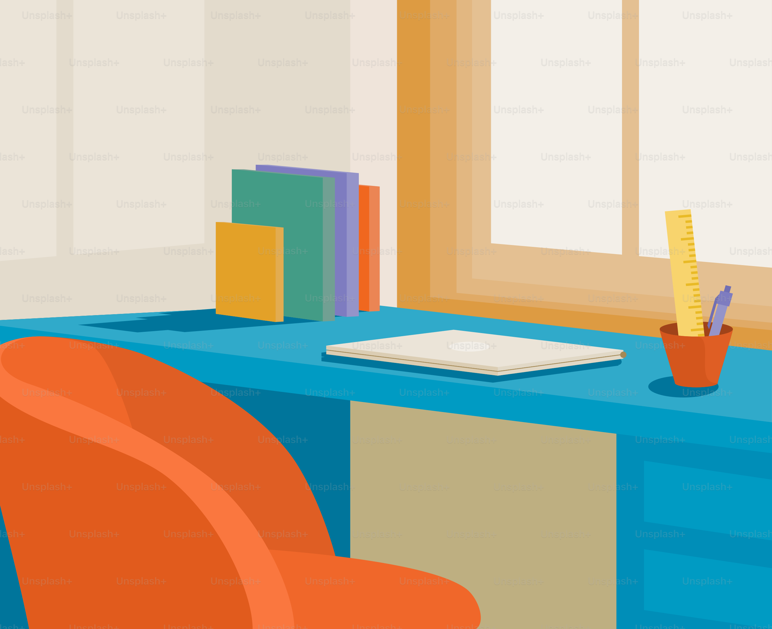 Ein Schreibtisch mit einem Stuhl und einem Computer darauf