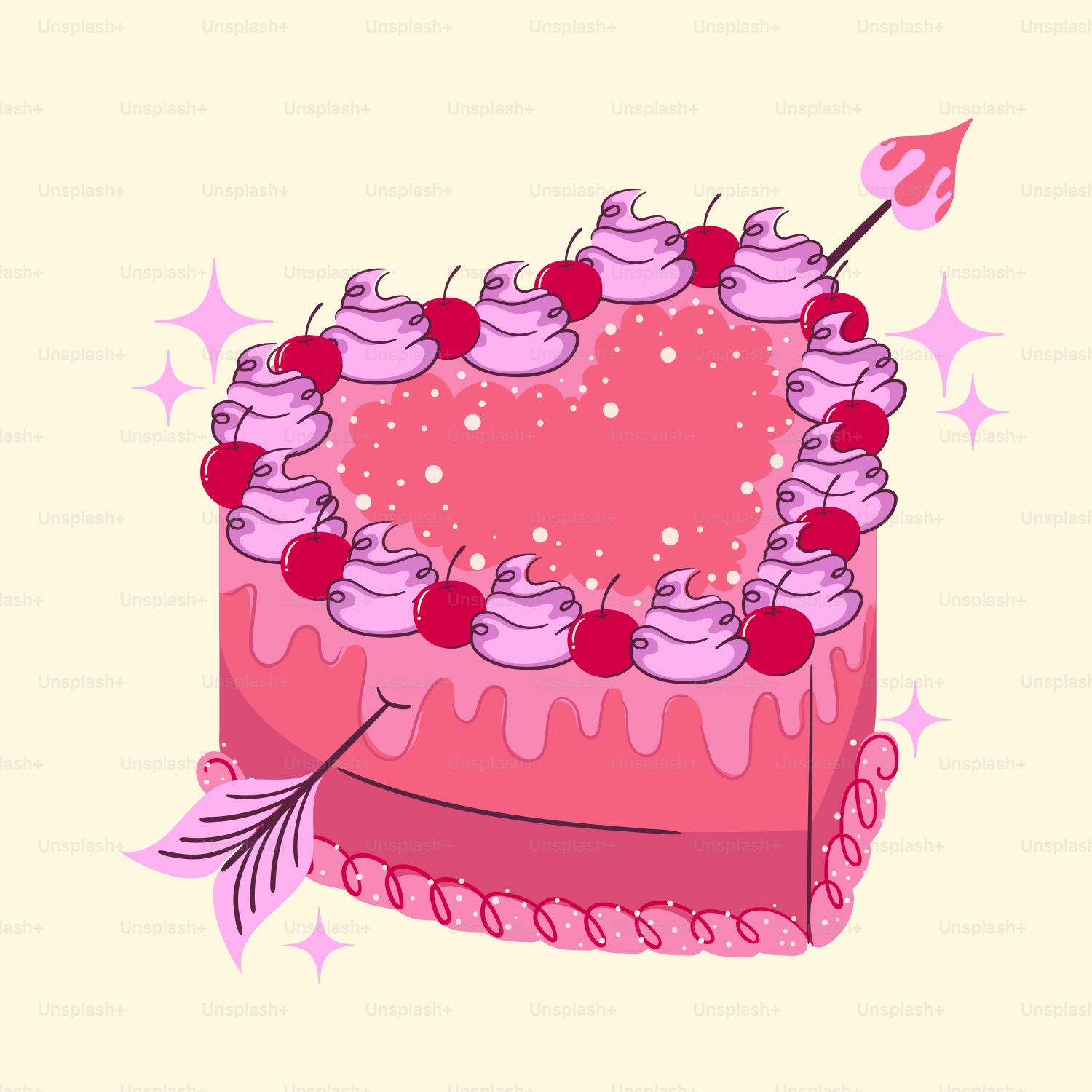 A heart shaped cake with pink frosting and cherries