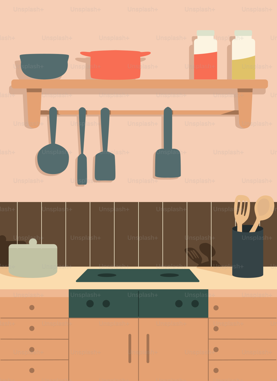A kitchen with a stove top oven and pots and pans