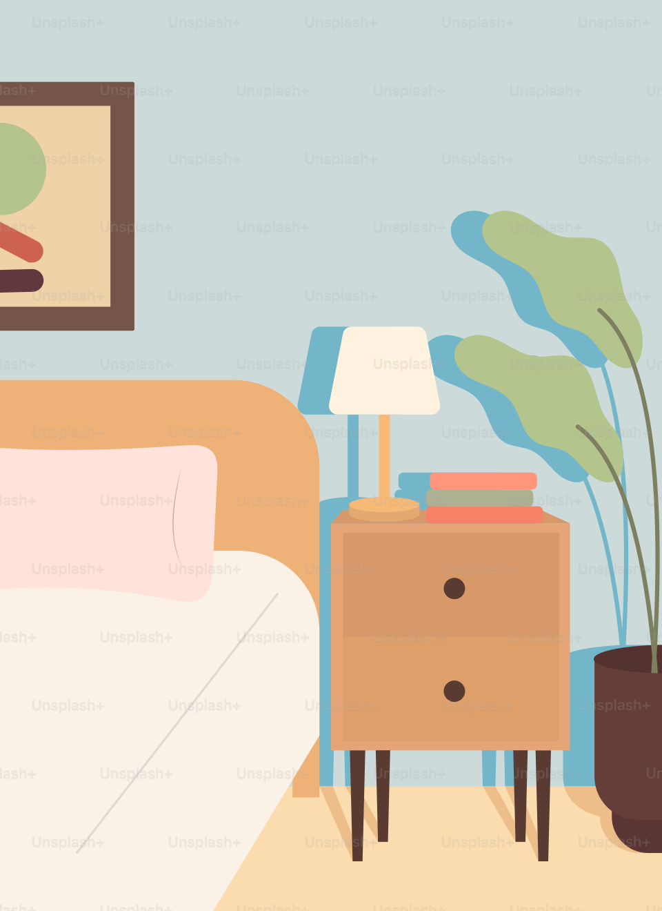 A bedroom with a bed, nightstand and a painting on the wall