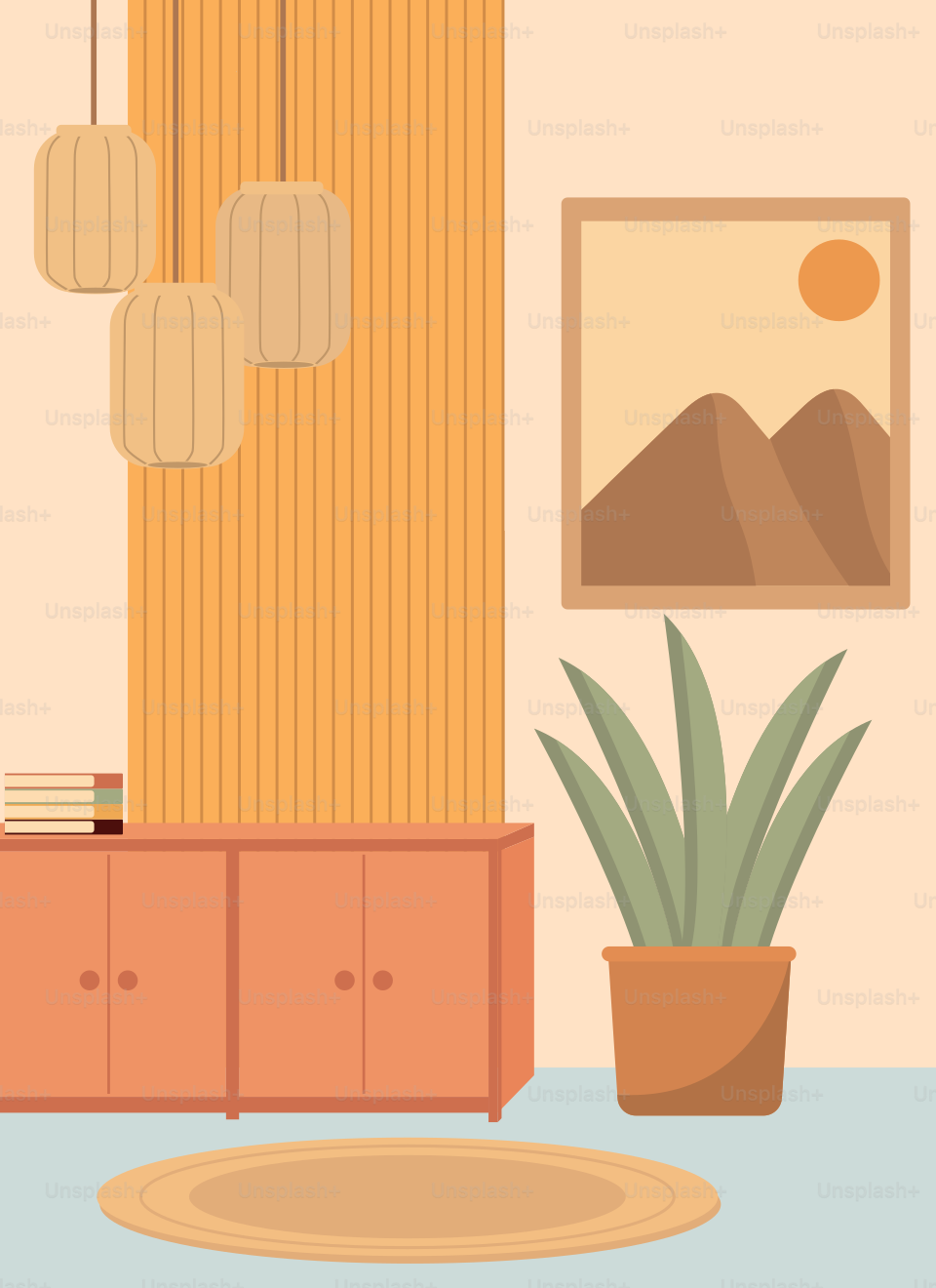 A living room with a couch and a table