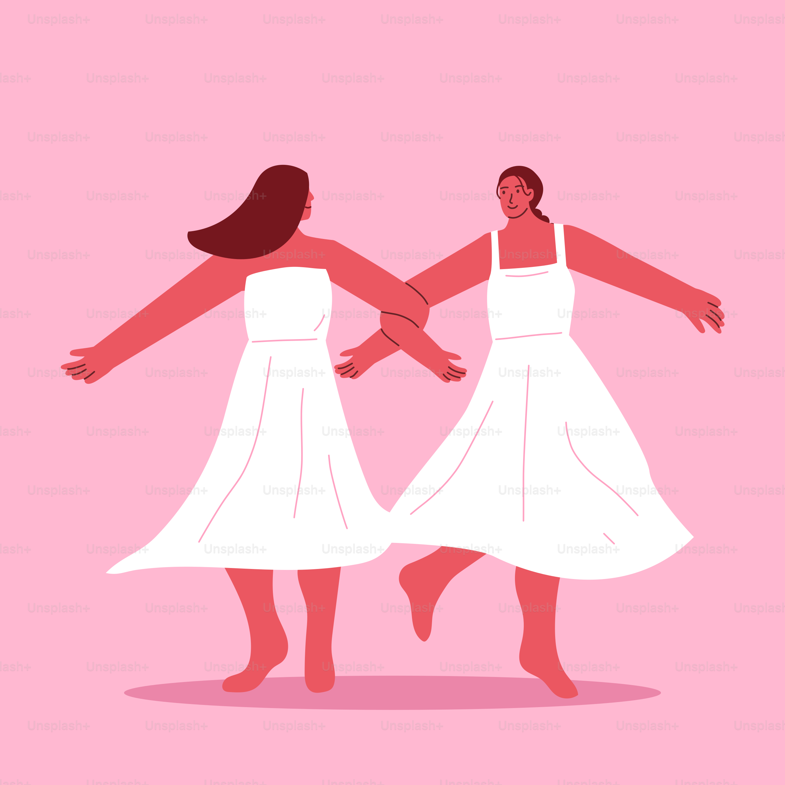 A couple of women in white dresses standing next to each other