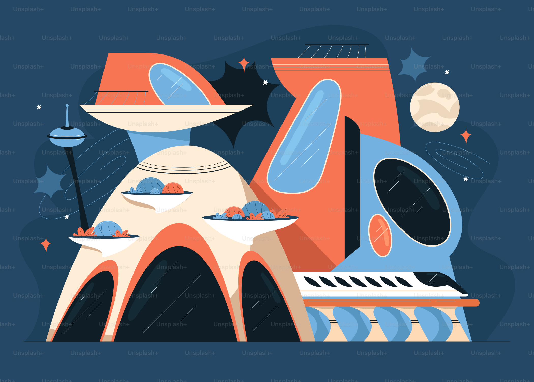 A blue background with an image of a spaceship and a piano