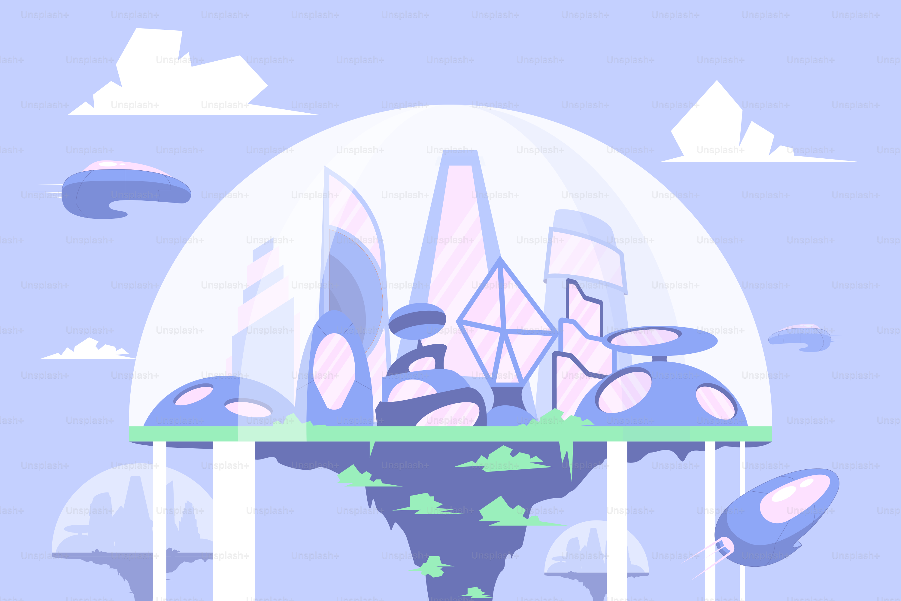 A stylized illustration of a floating city