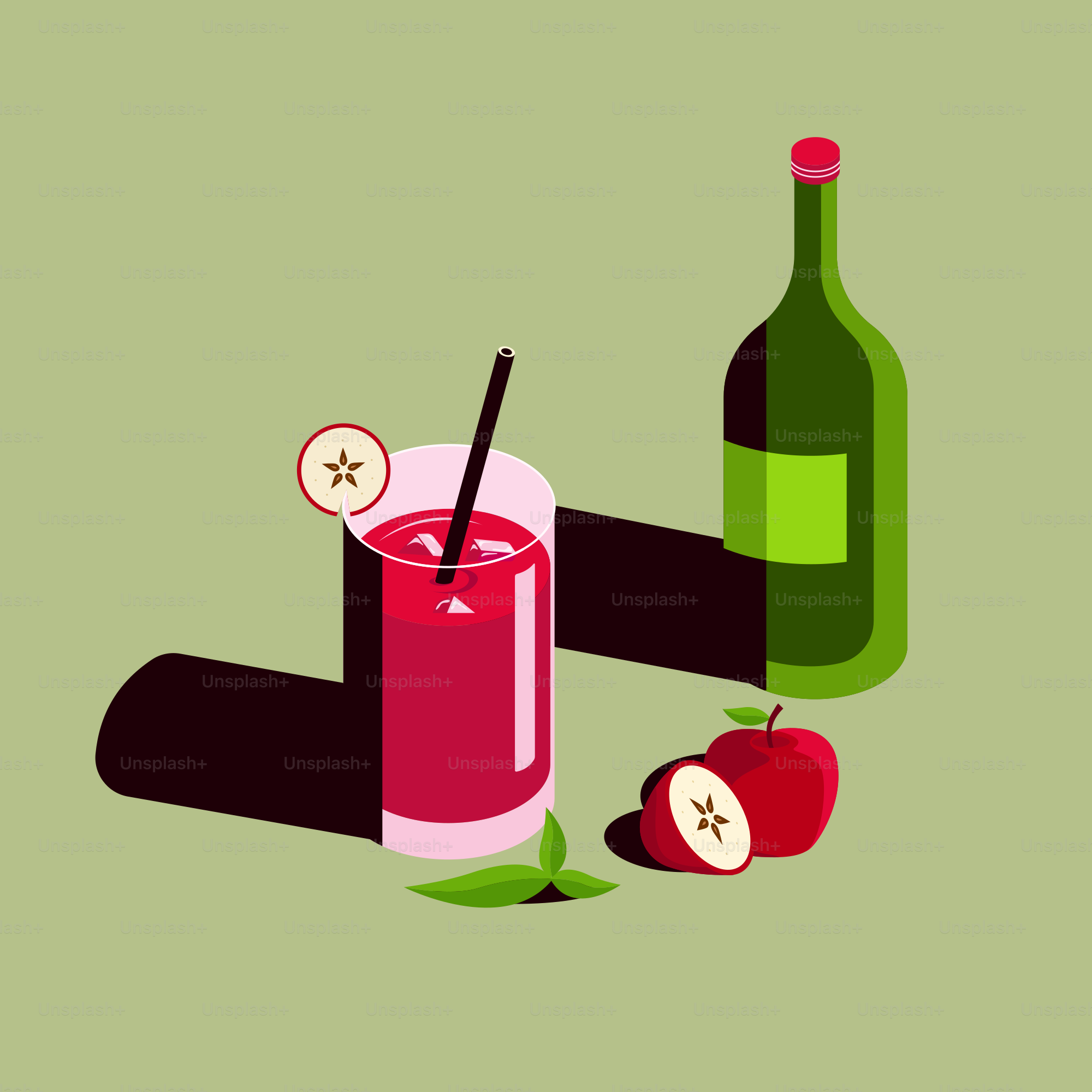 A bottle of wine and a glass of apple juice