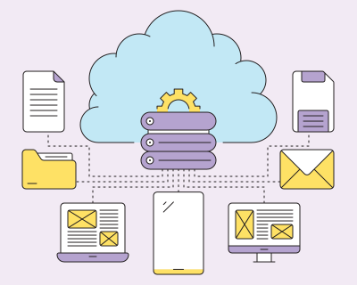 周囲にたくさんのデバイスが並ぶ雲