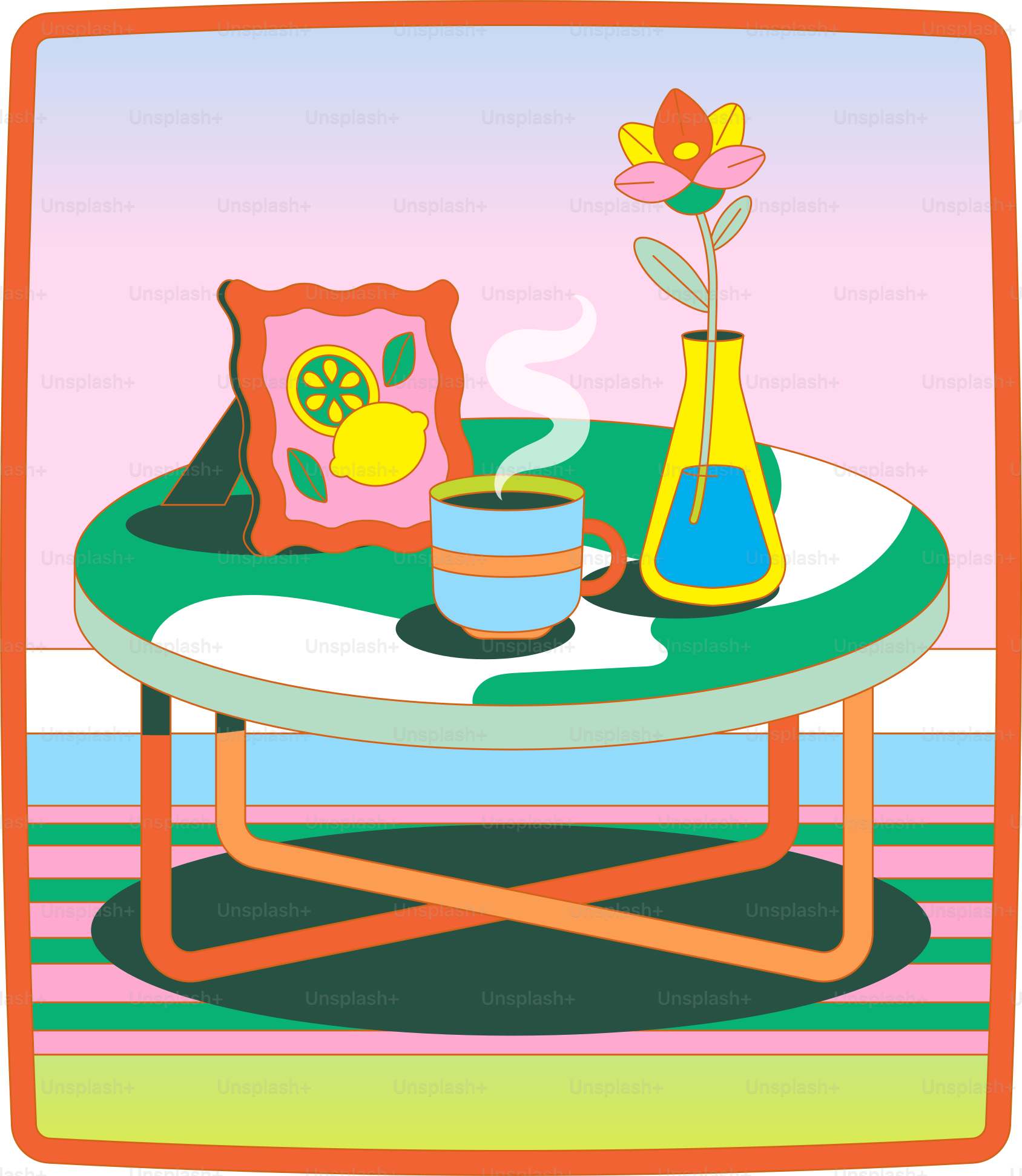 A painting of a coffee table with a vase of flowers on it