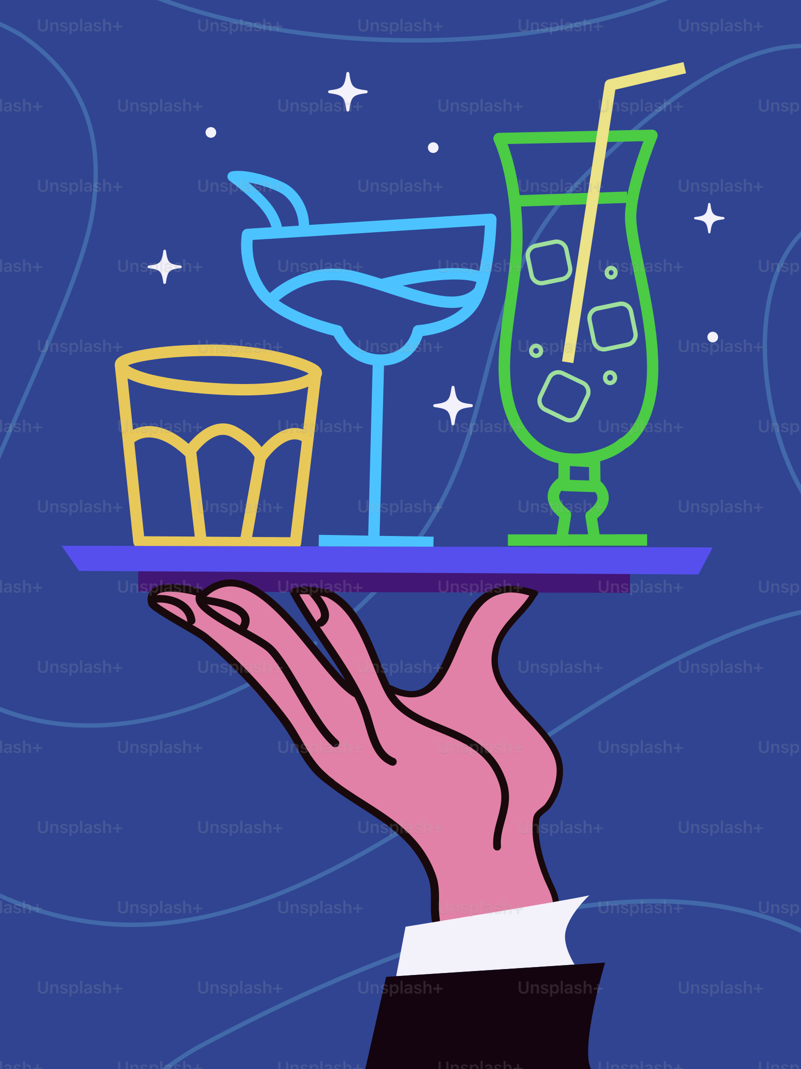 Una mano sosteniendo una bandeja con bebidas
