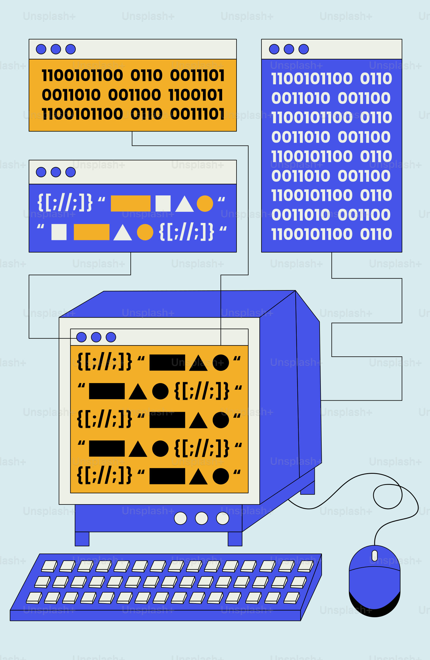 A computer screen with a keyboard and mouse