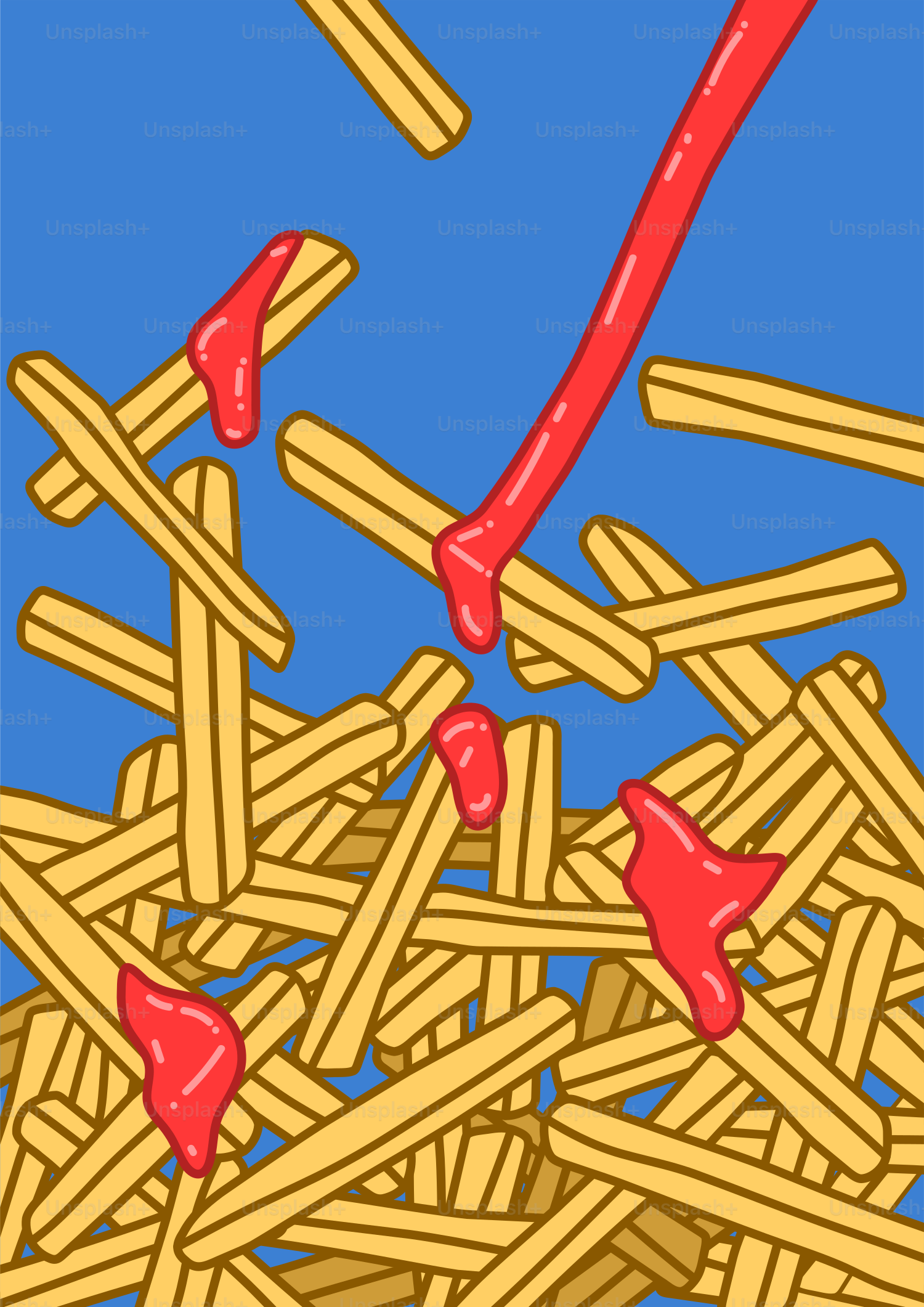 A pile of pasta with ketchup on top of it