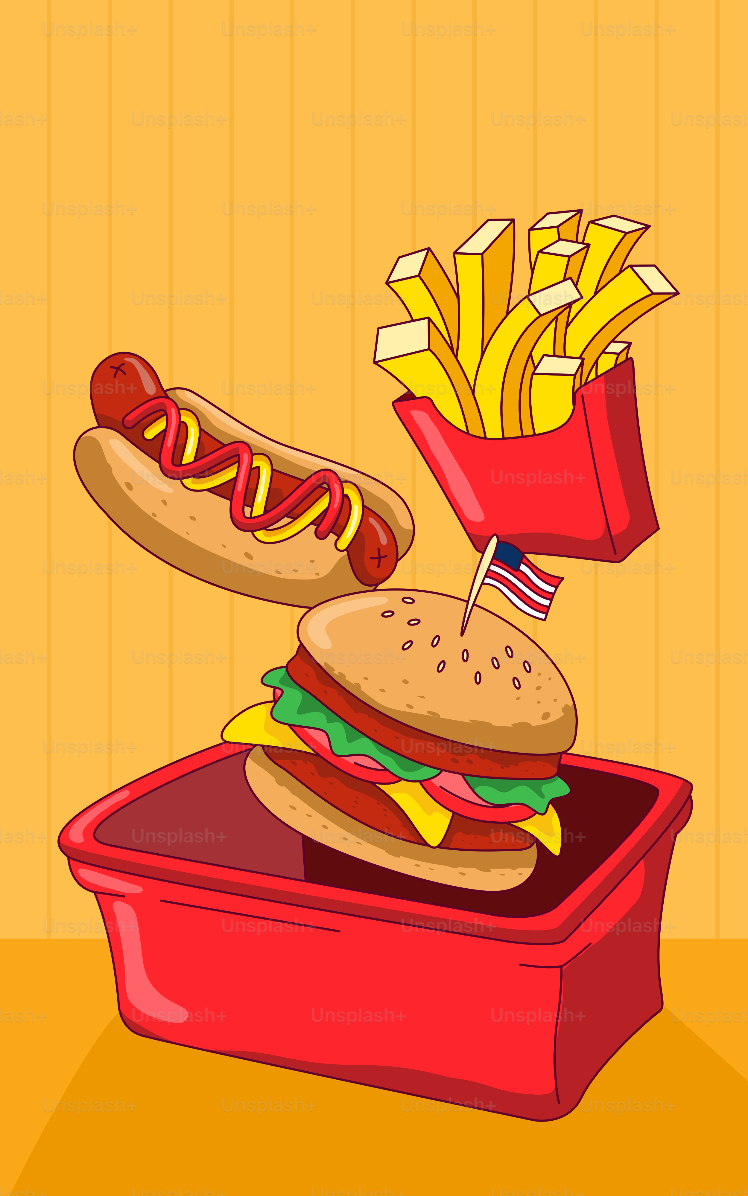 Un hot-dog et des frites dans un contenant rouge