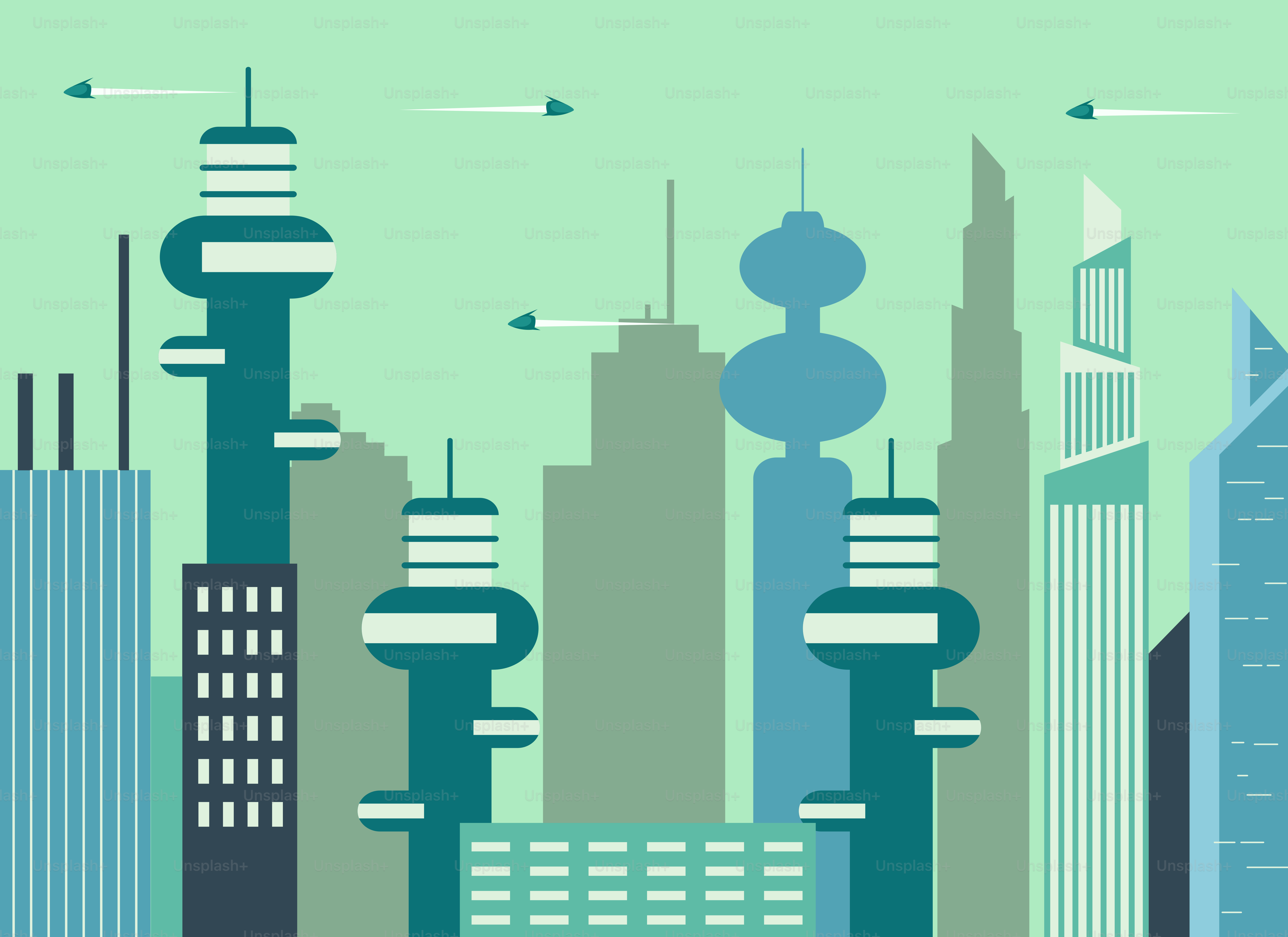 Una ciudad con edificios altos y un fondo verde