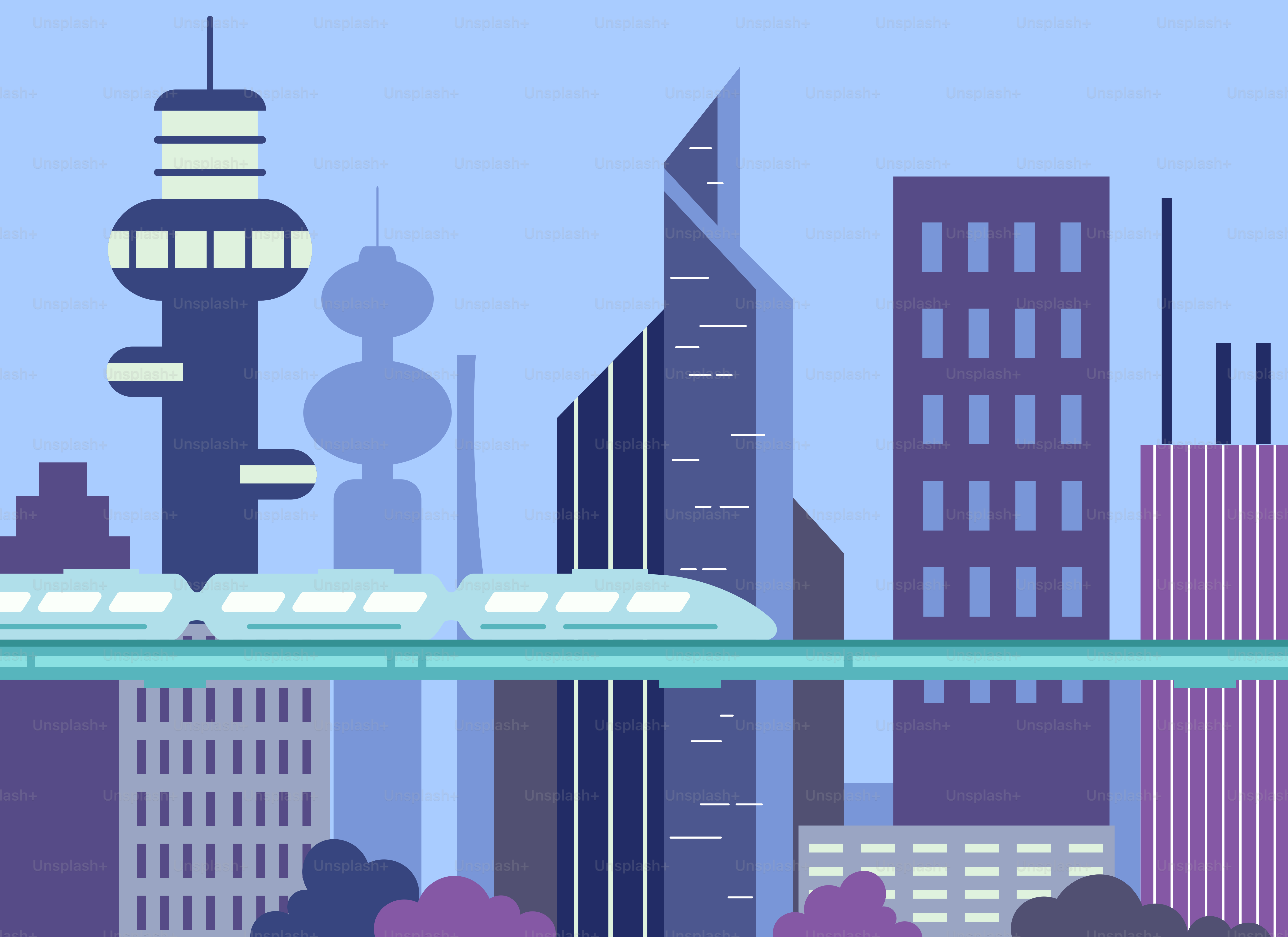 A train traveling over a bridge over a city