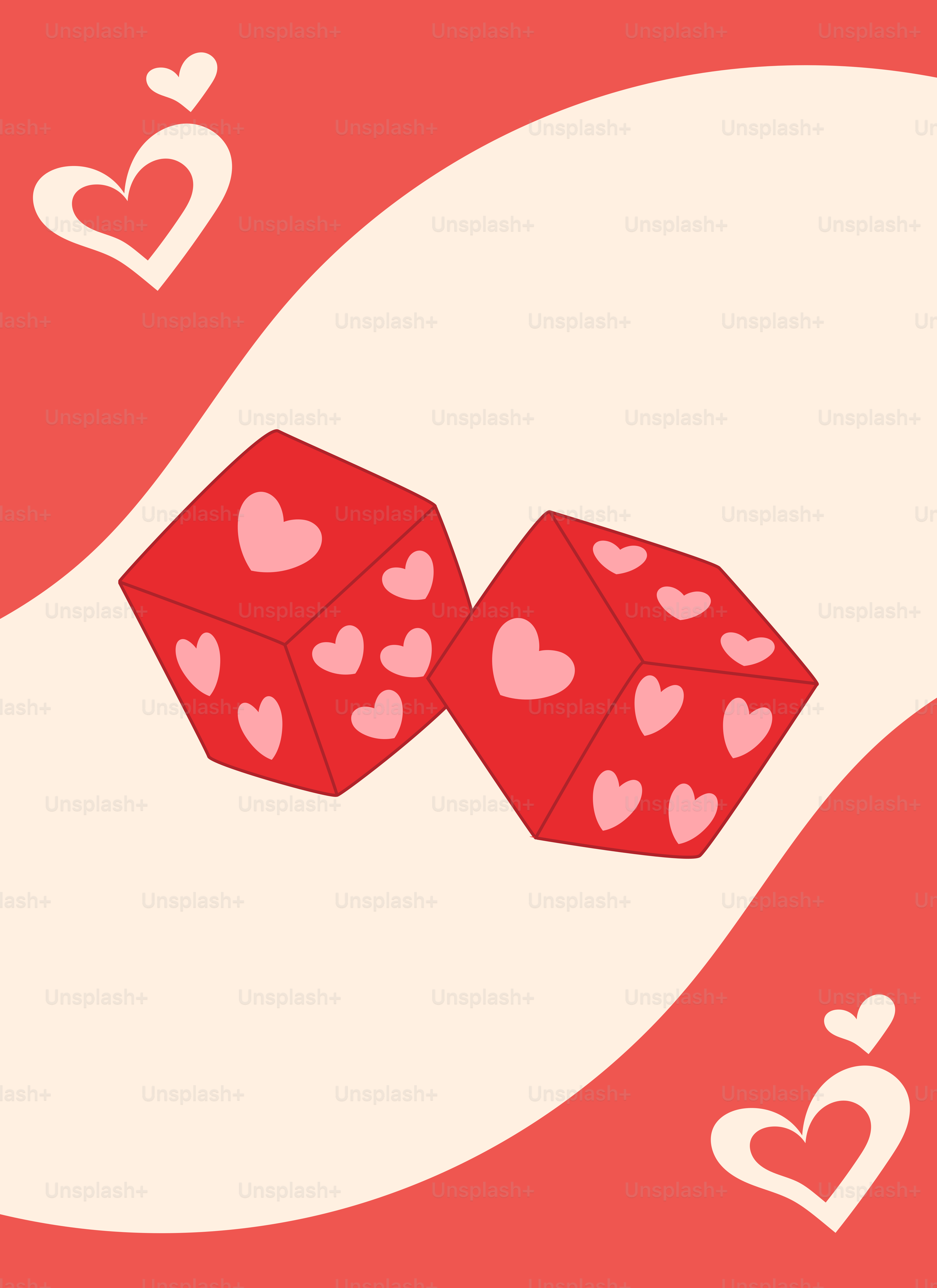 Ein Paar rote Würfel mit Herzen darauf
