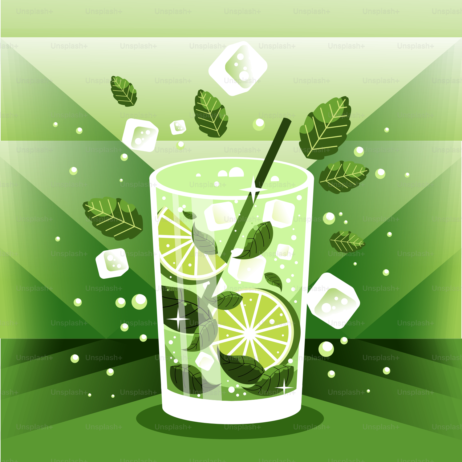 A glass of lemonade with ice cubes and a straw