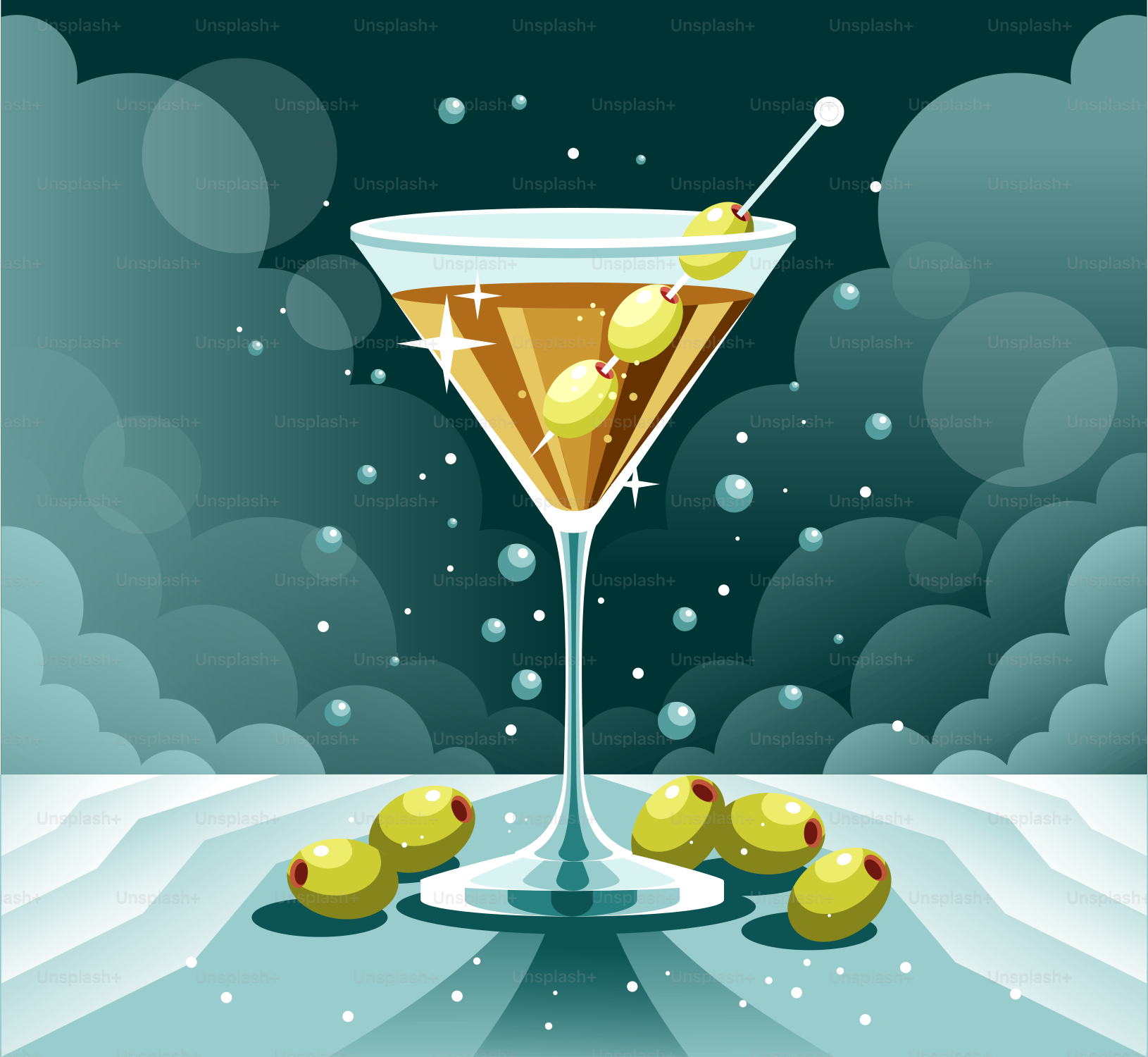 A picture of a martini with olives in it