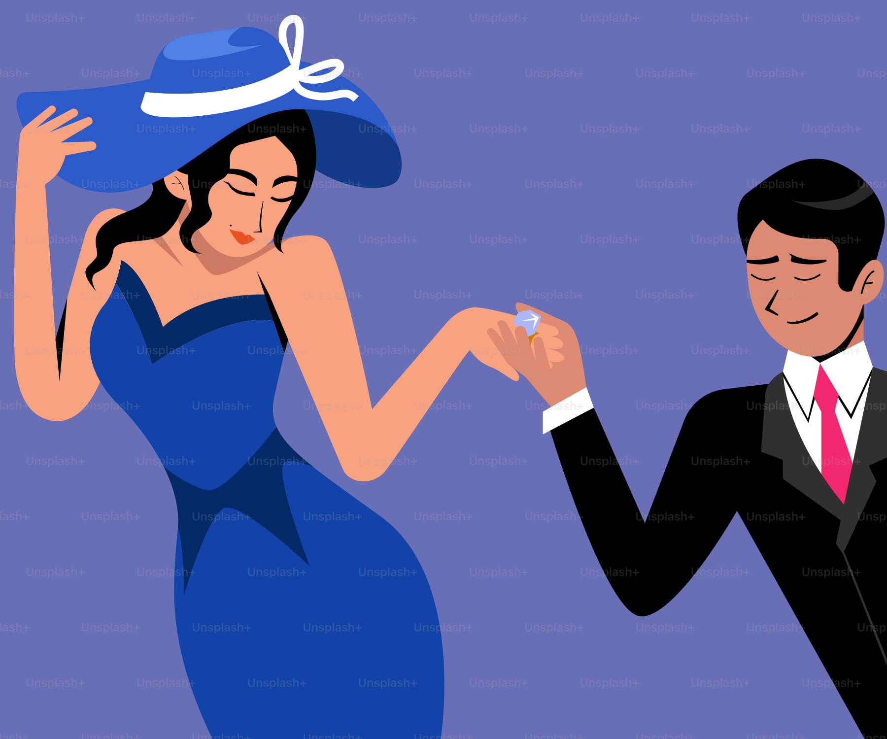 Una donna in un vestito blu che balla con un uomo in abito