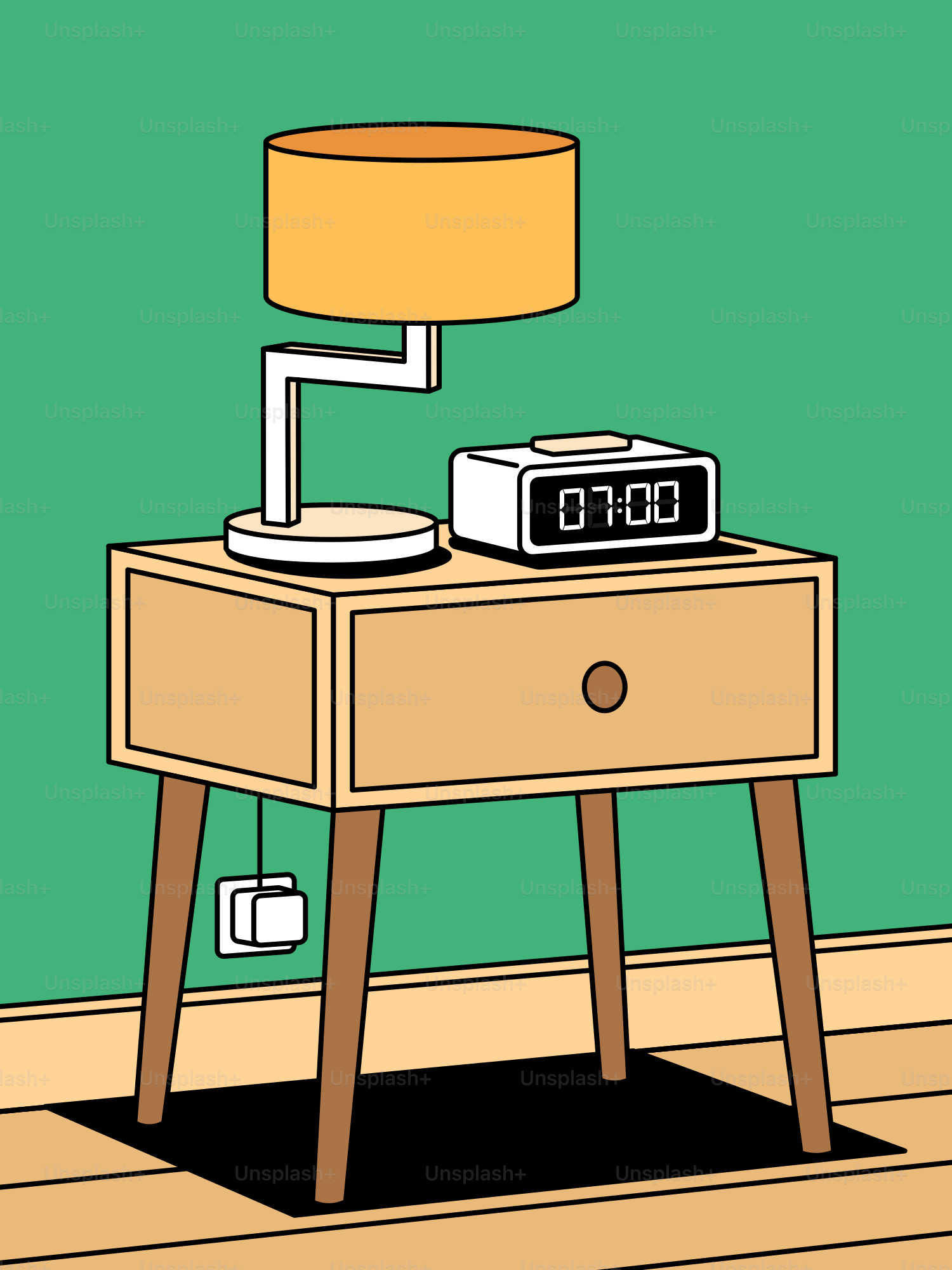 A nightstand with a clock and a lamp on it