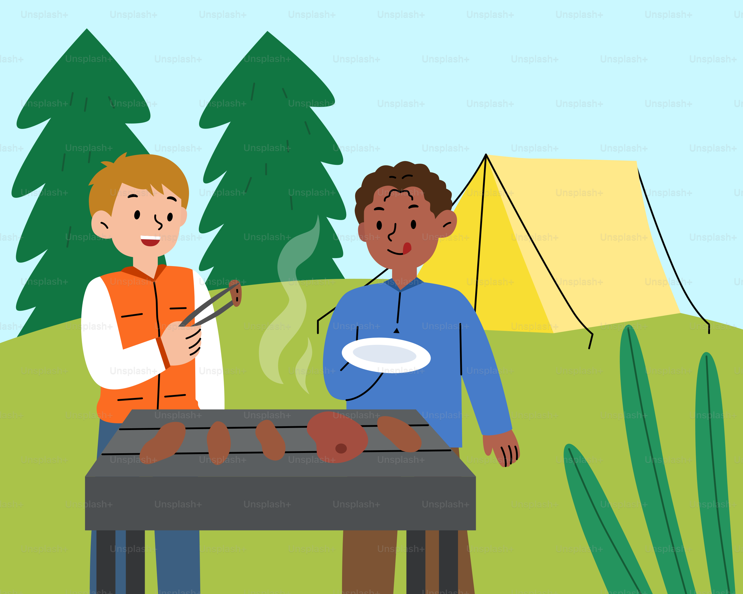 A couple of men standing next to a bbq grill